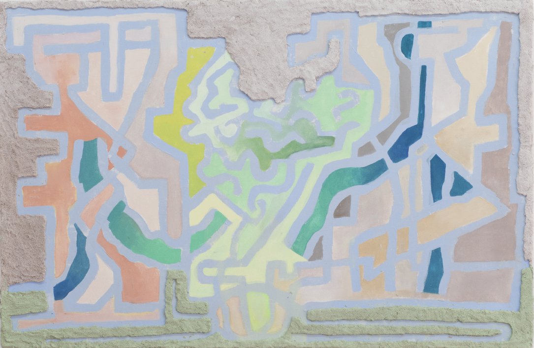 Tamara Henderson, Dare Safara, acrylic paint, sand, glue, canvas on MDF, 89.6 x 122.1 cm, 2014. Installation view, Charmer Scripture, Rodeo, London, 2014