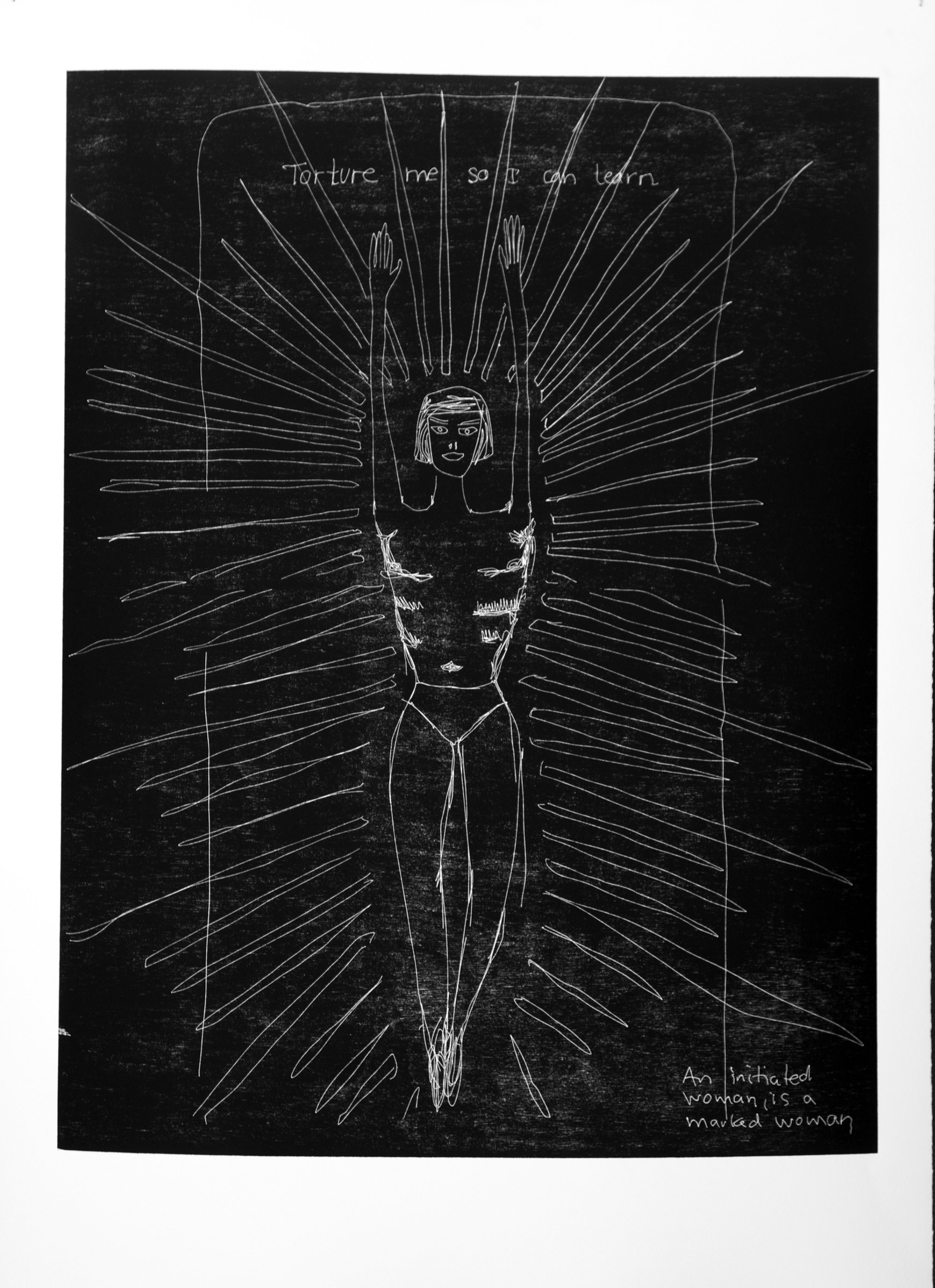 Sidsel Meineche Hansen, Torture Me So I Can Learn Miss Ovartaci, laser woodcut on paper, 62.8 x 47.9 cm (24 3/4 x 18 7/8 in), 2013