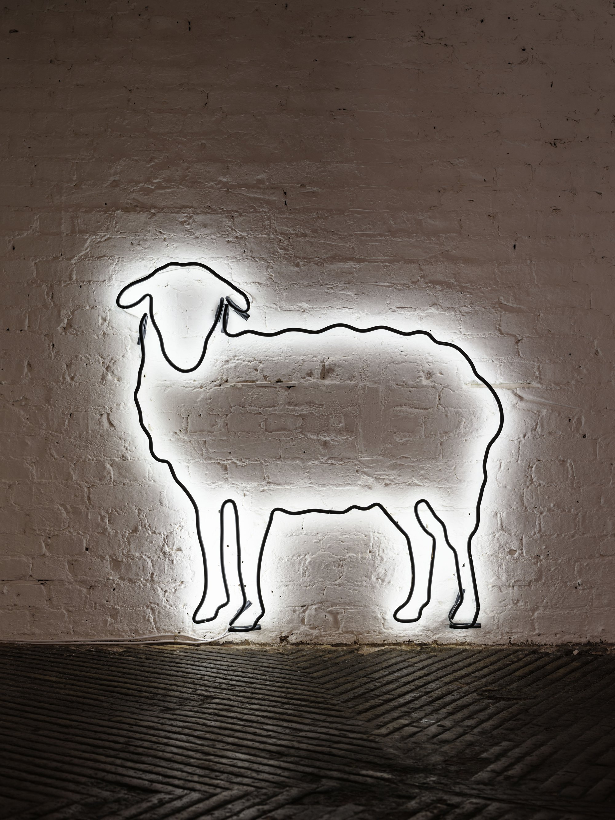 Liliana Moro, Black Sheep, Hand-painted neon, 100 x 120 cm (39 3/8 x 47 1/4 in), 2024. Installation view, In No Time, Rodeo, London, 2024