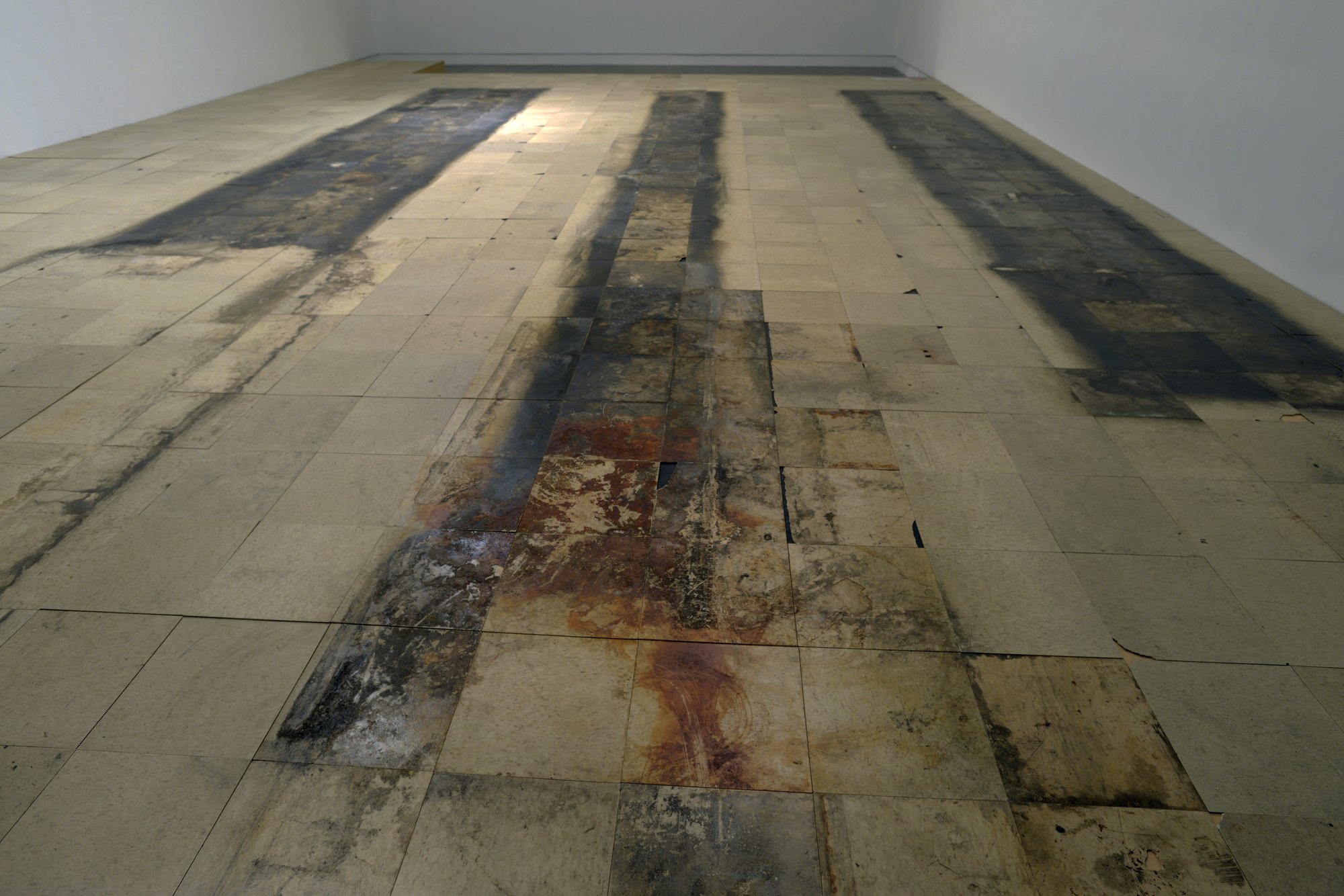 Shadi Habib Allah, 70 Days Behind Inventory, found VTC floor tiles from a Florida grocery store, matt clear coat, 800 x 900 cm (315 x 354 3/8 in), 2018. Installation view, Put to Rights, Renaissance Society, Chicago, 2018