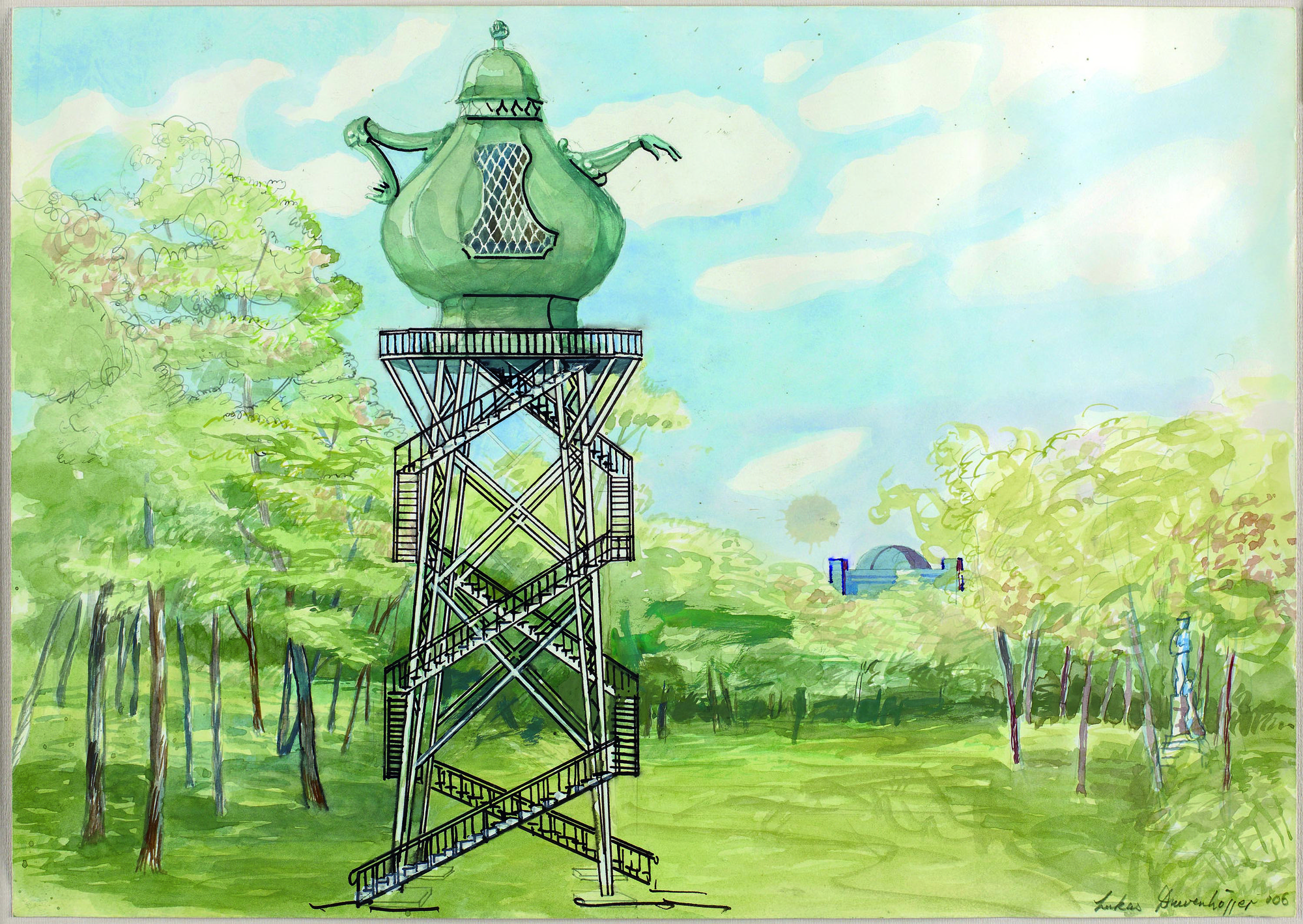 Lukas Duwenhögger, The Celestial Teapot, Proposal for a memorial site for the persecuted homosexual victims of National Socialism in Berlin, gouache, pencil and pen on paper, 29.7 x 42 cm, 2006