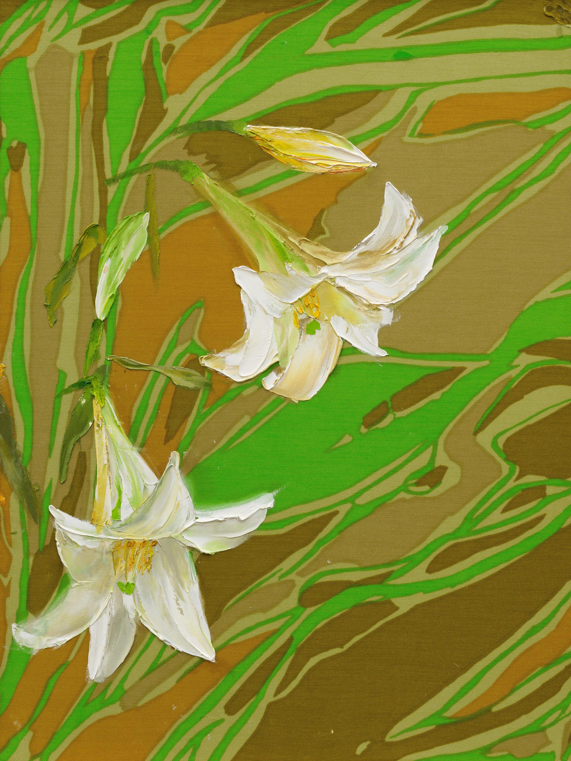 Bernat Klein, Two lillies, oil on screen printed knitted jersey polyester (Diolen), 65 x 50 cm, 1998