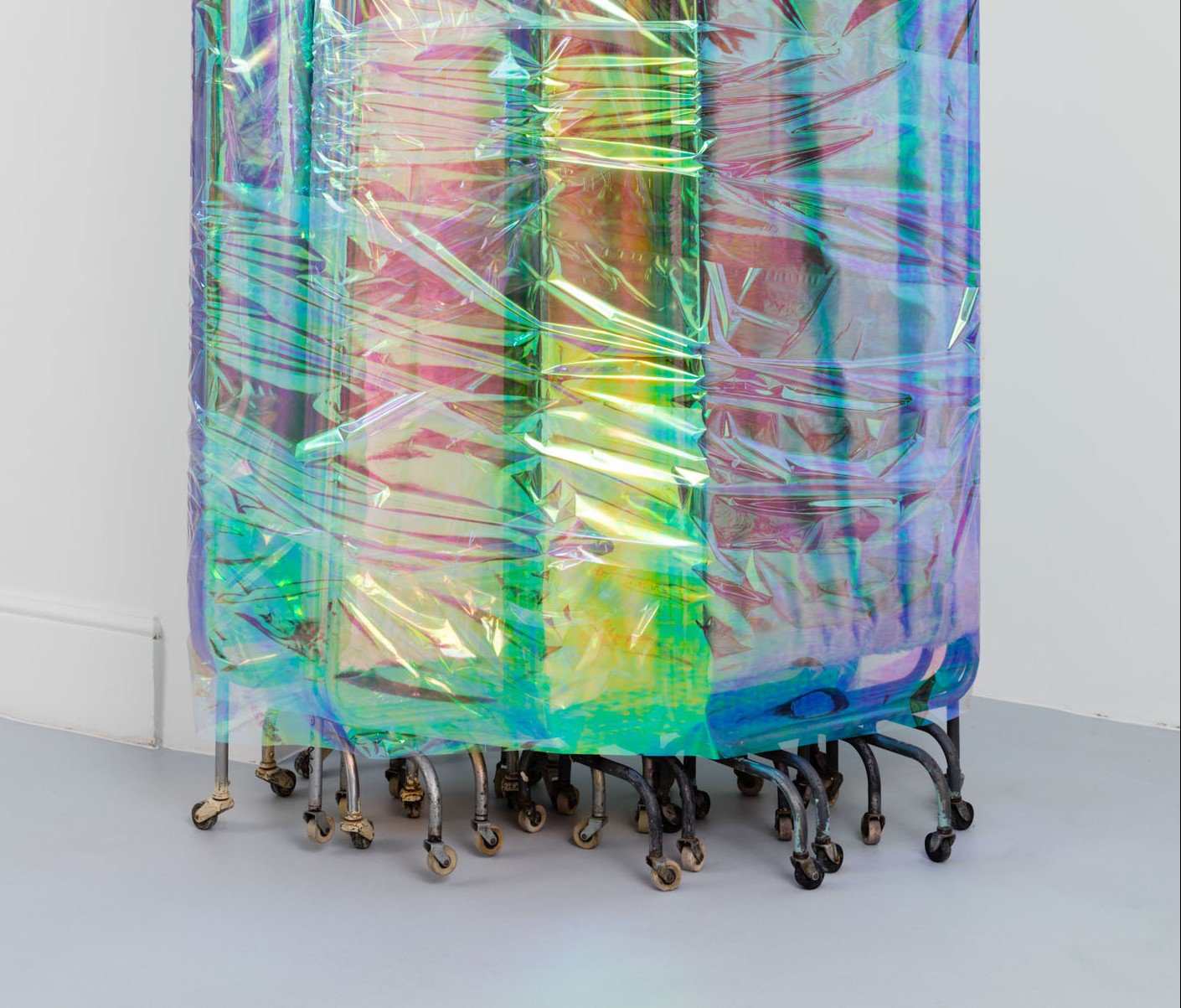 Ian Law, There was a body, I was there, was a body, detail, medical privacy screens with soft toy fur fabric and curtain netting, gift wrapped, 171 x 108 cm, 2015