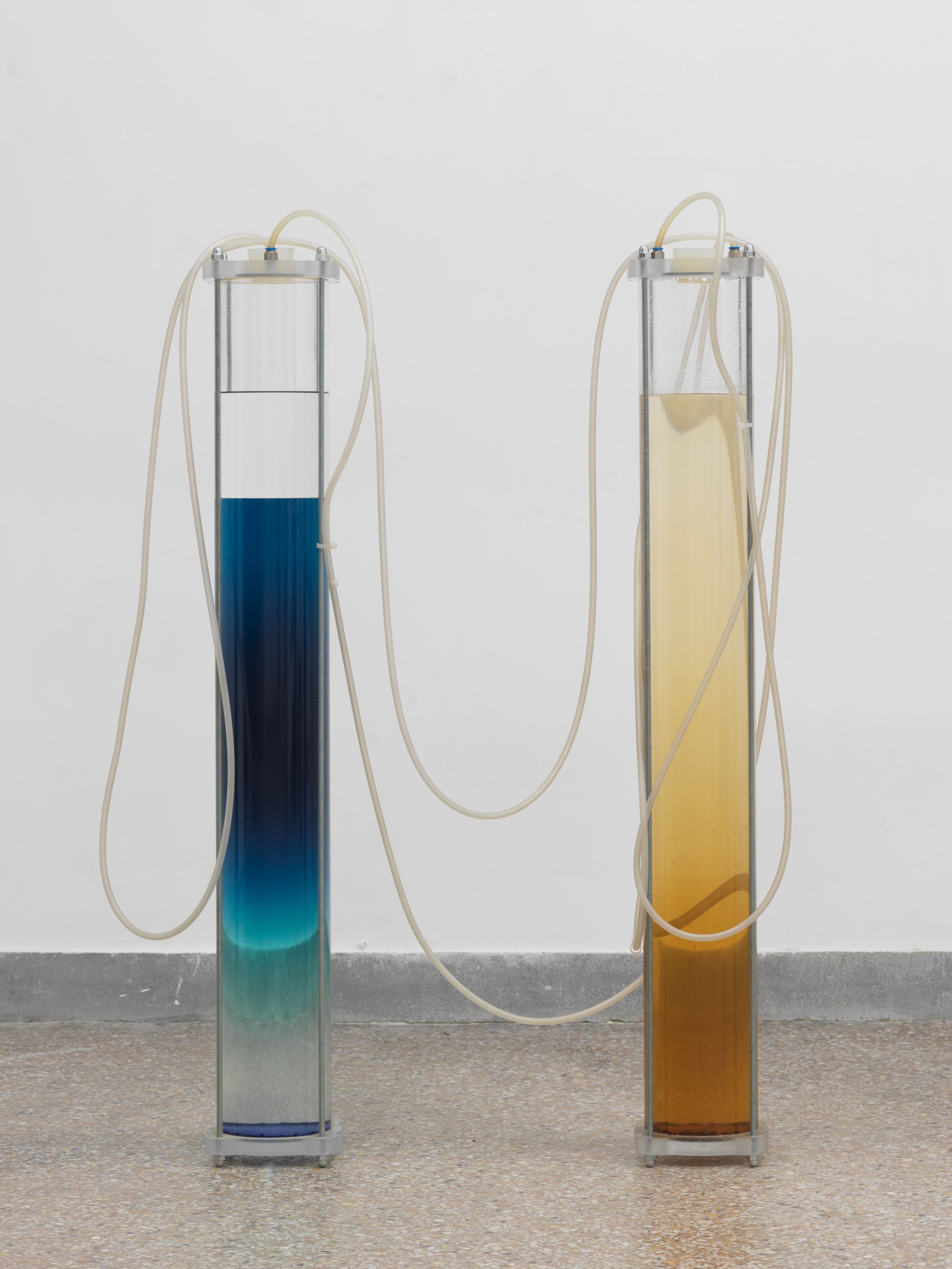 Iris Touliatou, Exhausted Lovers, separated ink and paper extracts, water, glycerine, ethyl alcohol, perspex, steel, silicon tubes, pumps, 11 lt, 110 x 15 x 15 cm each (43 1/4 x 5 7/8 x 5 7/8 in each), 2016. Installation view, The Way In, Haus N Athen, Athens, 2021