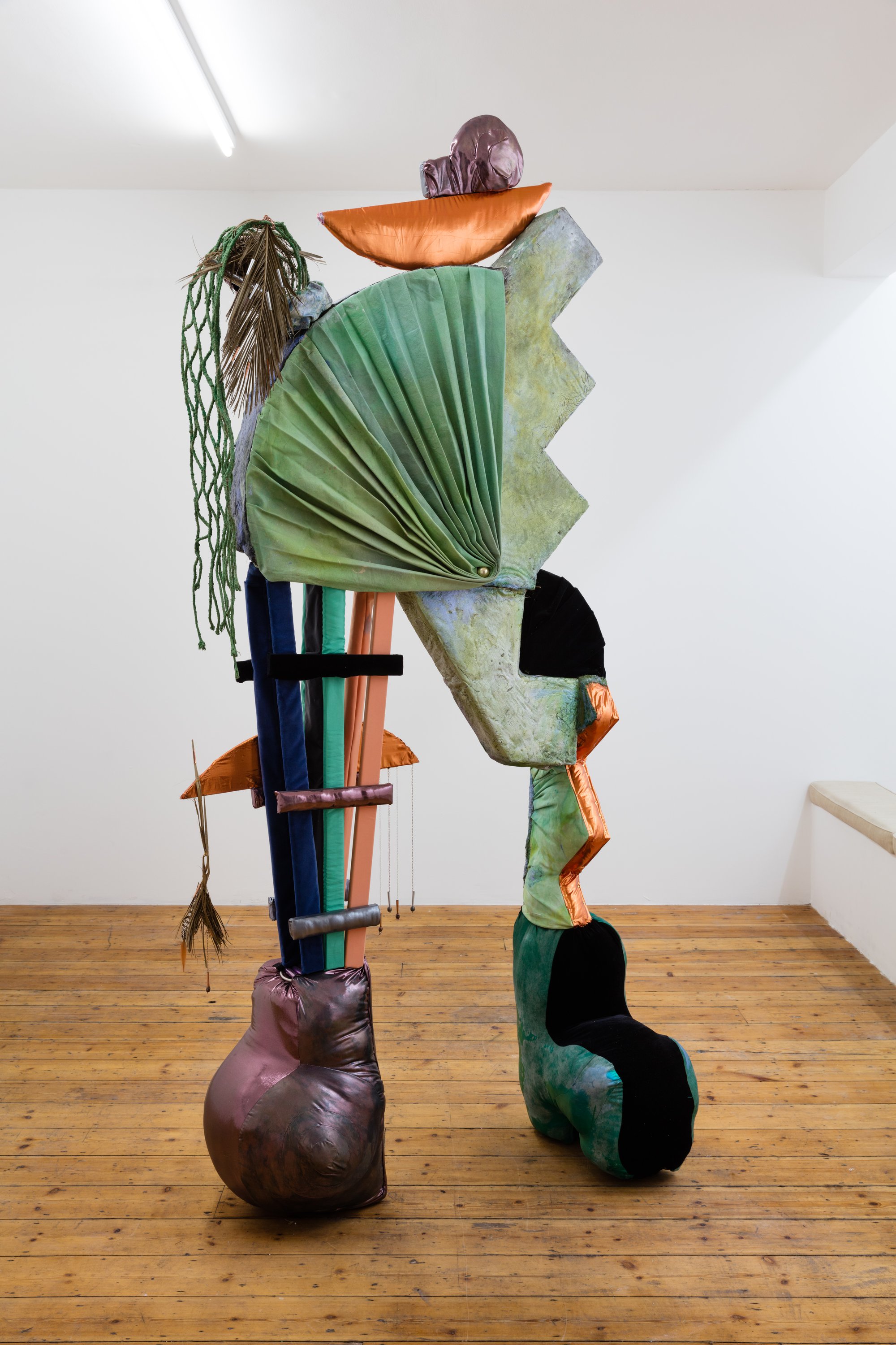 Tamara Henderson, The Scarecrow&#x27;s Holiday, textile, wood, glass, sand, pigment, rope, 260 x 112 x 56 cm, 2015