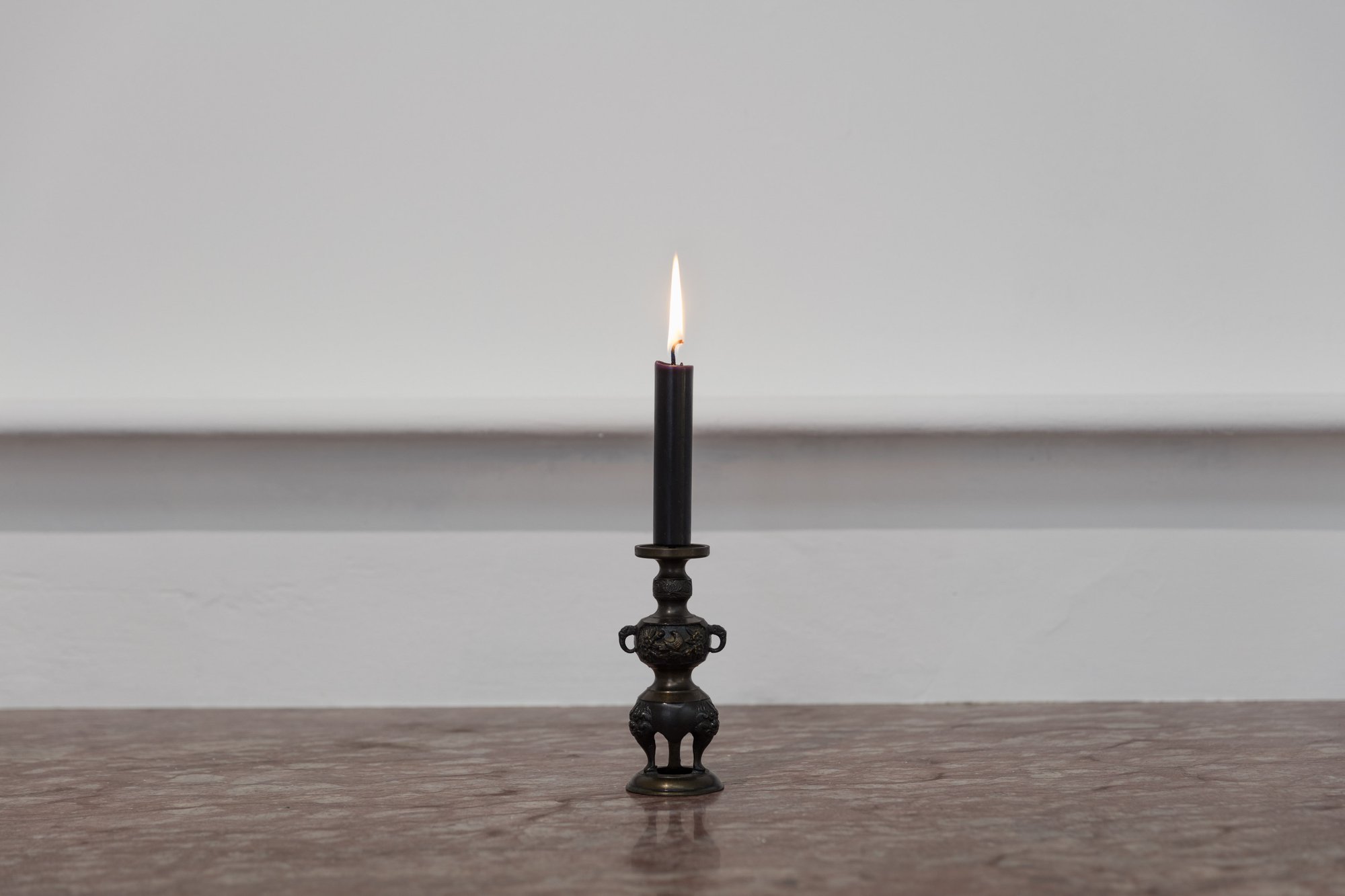 Haris Epaminonda, Untitled #01 a/w, detail, draped hand‐painted fabric (130 x 55 x 60 cm), powder‐coated steel frame, black candle, old bronze Japanese candle holder, dimensions variable, 2016
