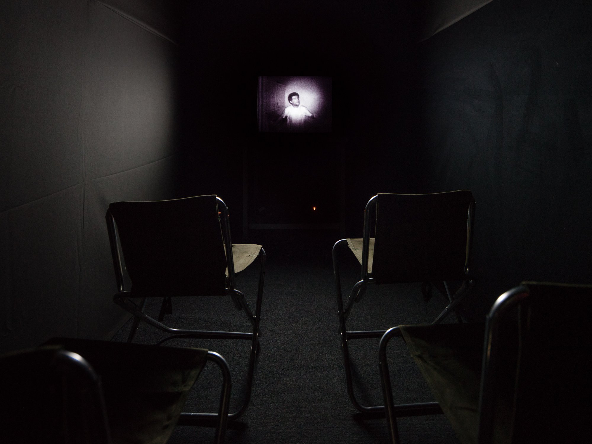 Mark Aerial Waller, Midwatch, (internal view) infrared video to DIGIbeta, 7 min., 1999 - 2001. Installation view, Leave nothing behind but your footprints and take nothing but your time, Rodeo, London, 2018