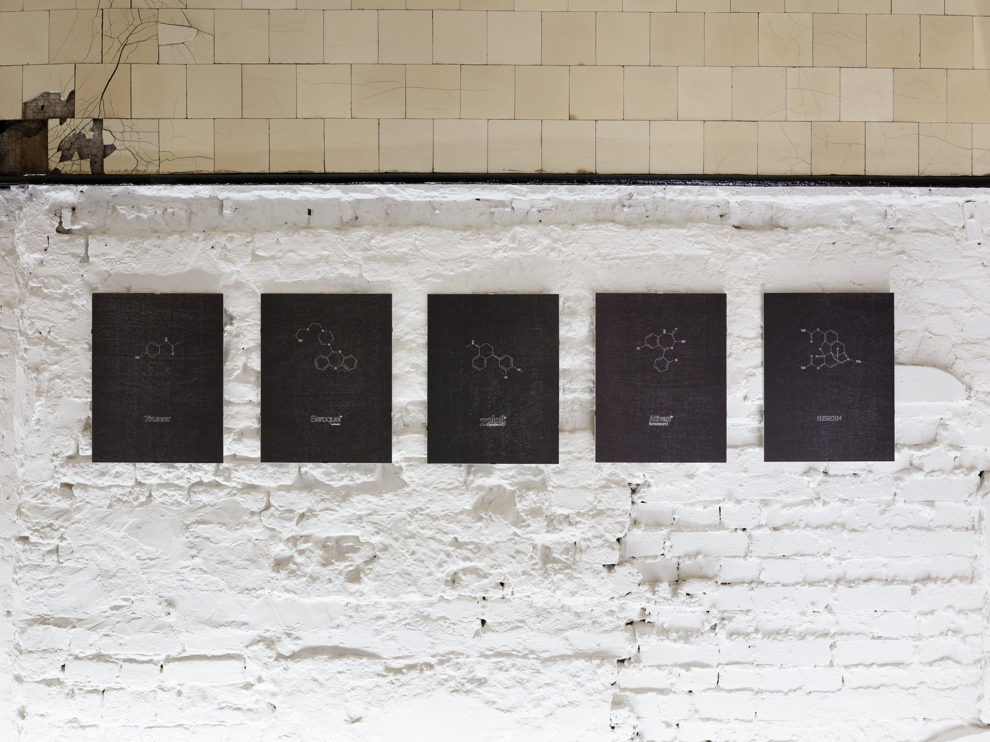 Sidsel Meineche Hansen, Toxic Institution (1-5), laser woodcut on paper, mounted on aluminium under museum glass, 47 x 36.5 cm each (18 1/2 x 14 3/8 in each), 2014