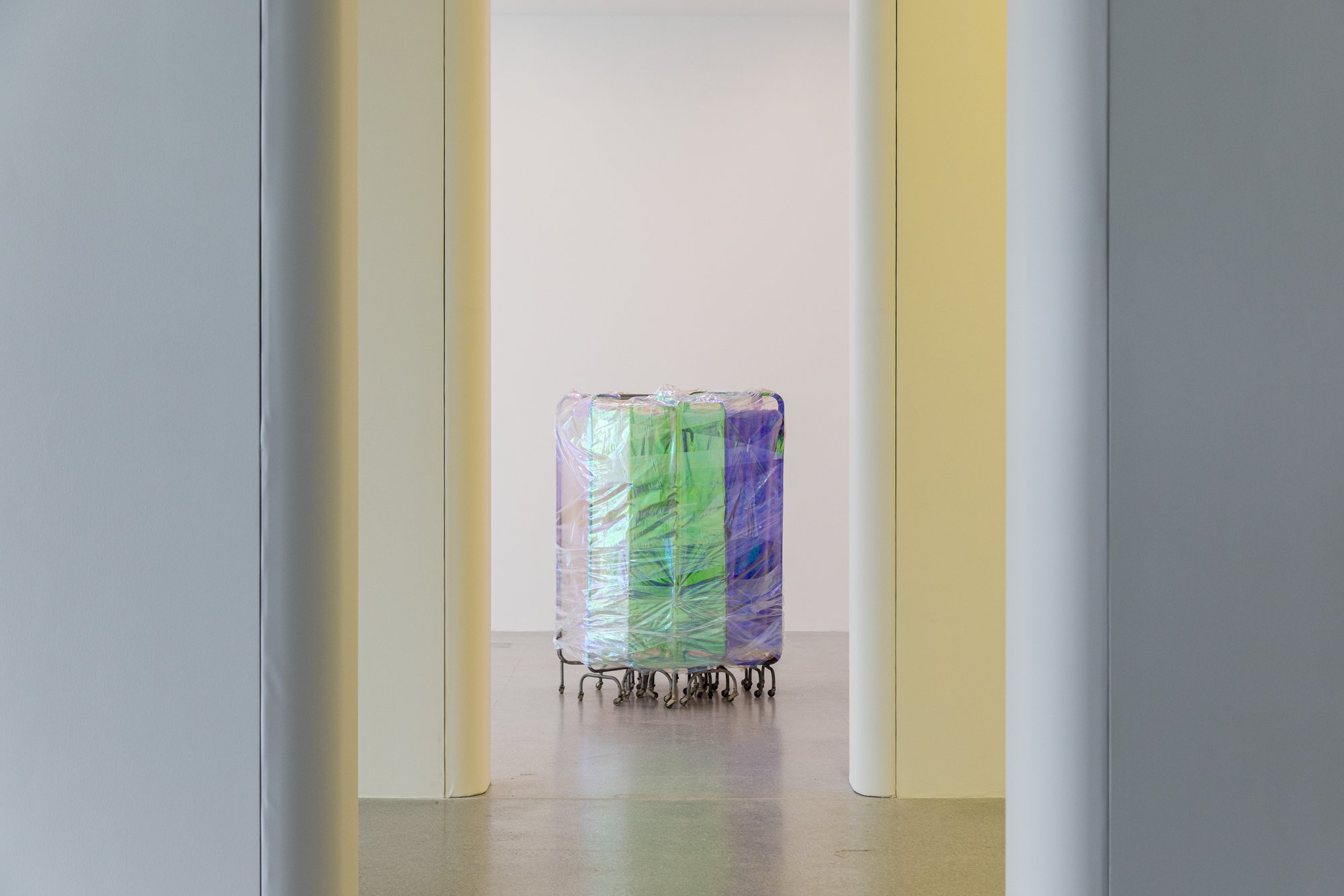 Ian Law, There was a body, I was there, was a body, medical privacy screens with soft toy fur fabric and curtain netting, gift wrapped, 171 x 108 cm (67 1/3 x 42 1/2 in), 2015. Installation view, Kingdom of the Ill: Second chapter of TECHNO HUMANITIES, Museion, Bolzano, 2022
