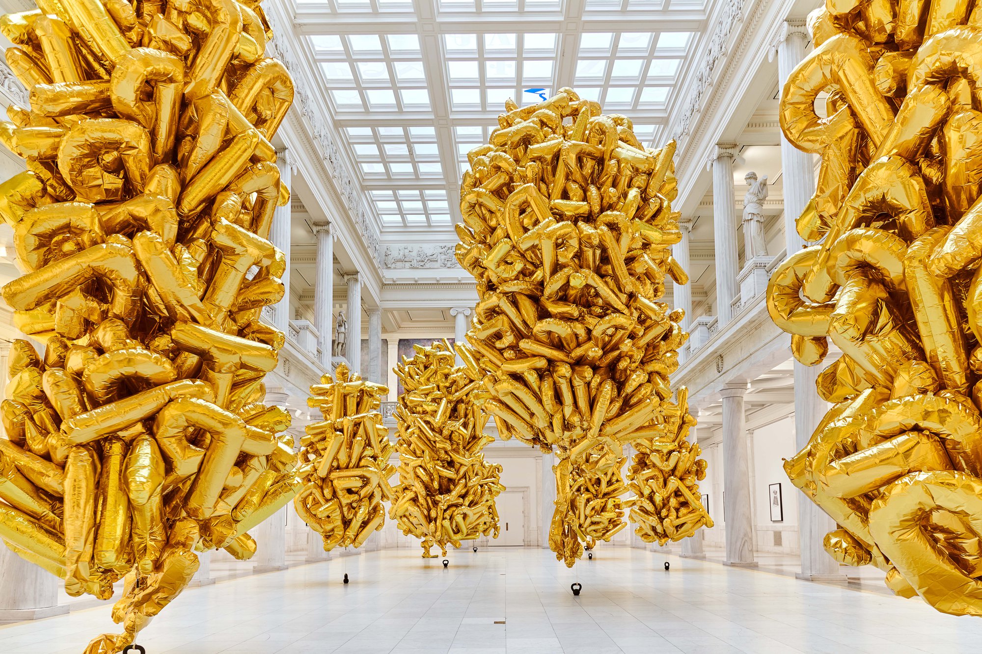 Banu Cennetoğlu, right?, string, helium, and Mylar balloons, dimensions variable, 2022. Installation view, Is it morning for you yet?, The 58th Carnegie International, Carnegie Museum of Art, 2022