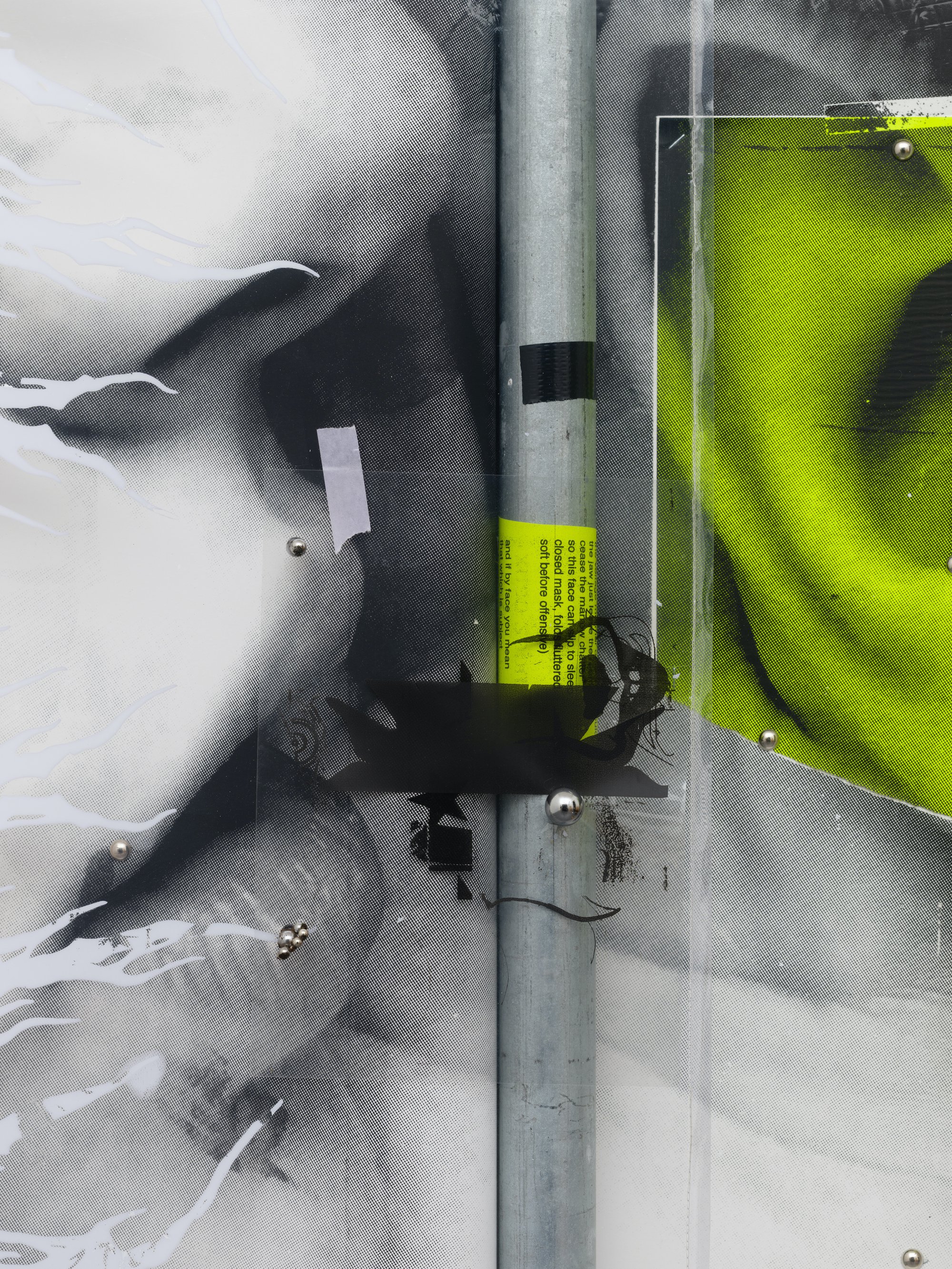 David Douard, Birdzhandz and us ’ 7, detail, screen-printed wood, silkscreen print, steel, magnets, plastic sheeting, 107 x 77 x 8 cm, 2021