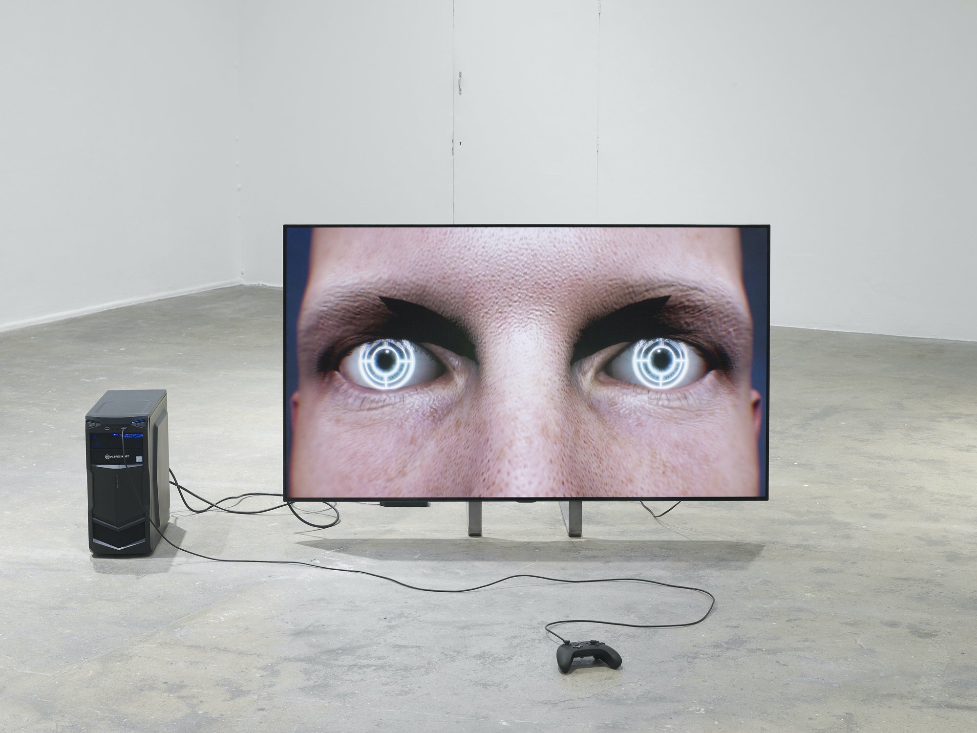 Sidsel Meineche Hansen, End-used City 2077, computer-generated images, game controller, PC, video, sound, duration: 12 min., 2019-2021. Installation view, Welcome to End-Used City, Chisenhale Gallery, London, 2019