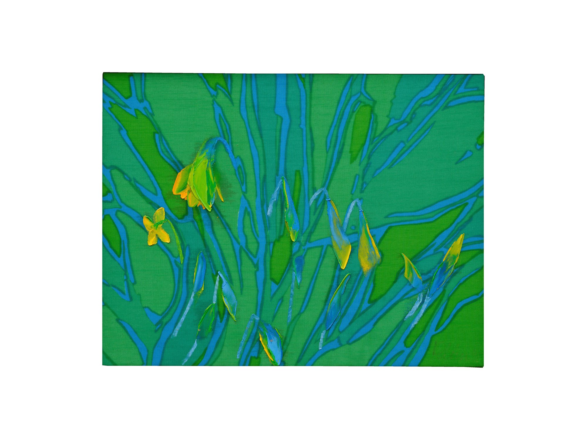 Bernat Klein, Daffodils on Viridian, oil on screen printed knitted jersey polyester (Diolen), 40 x 51 cm (15 3/4 x 20 1/8 in), 1996