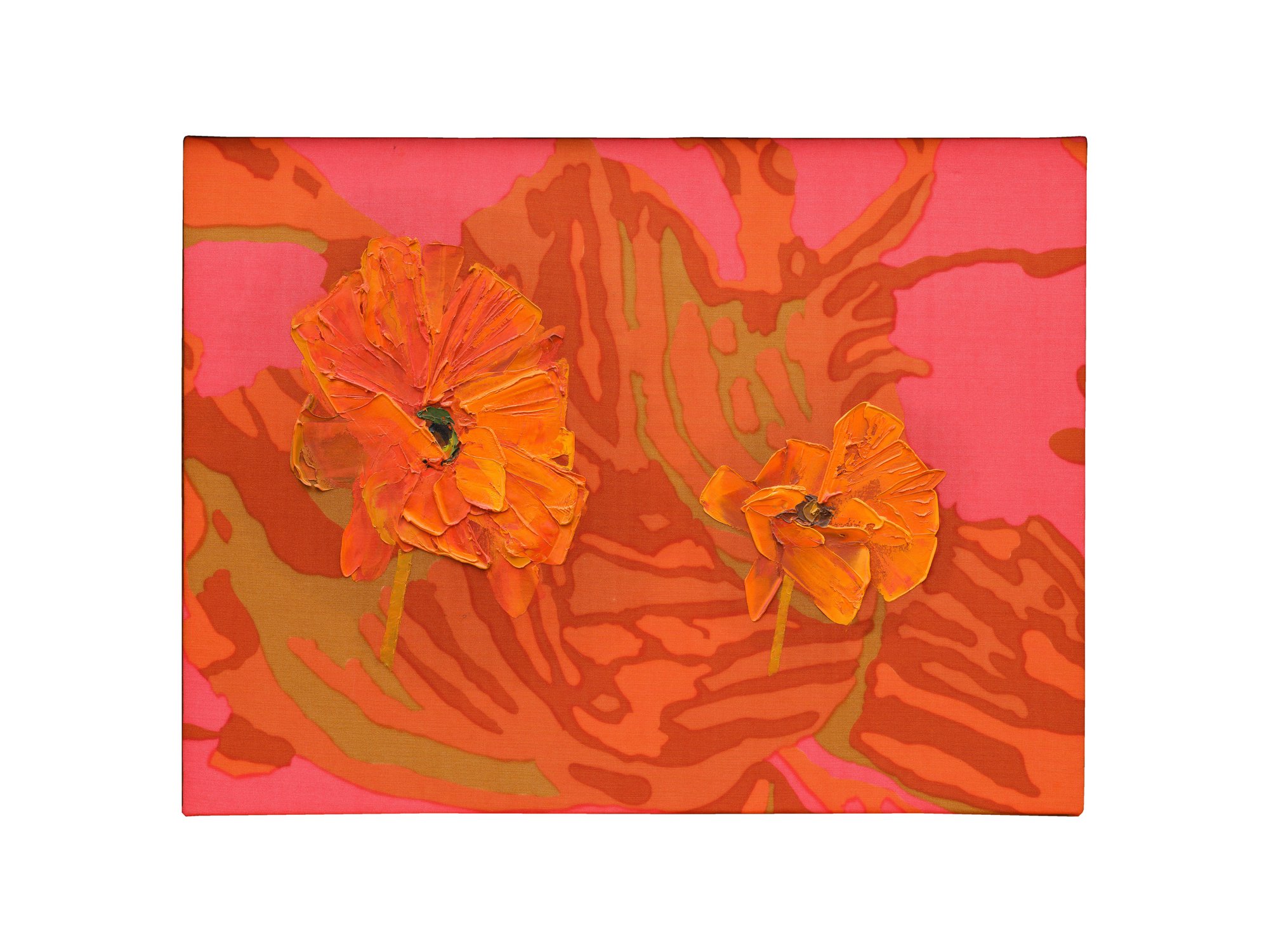 Bernat Klein, Orange Oriental Poppies II, oil on screen printed knitted jersey polyester (Diolen), 46 x 61 cm (18 1/8 x 24 in), 1996