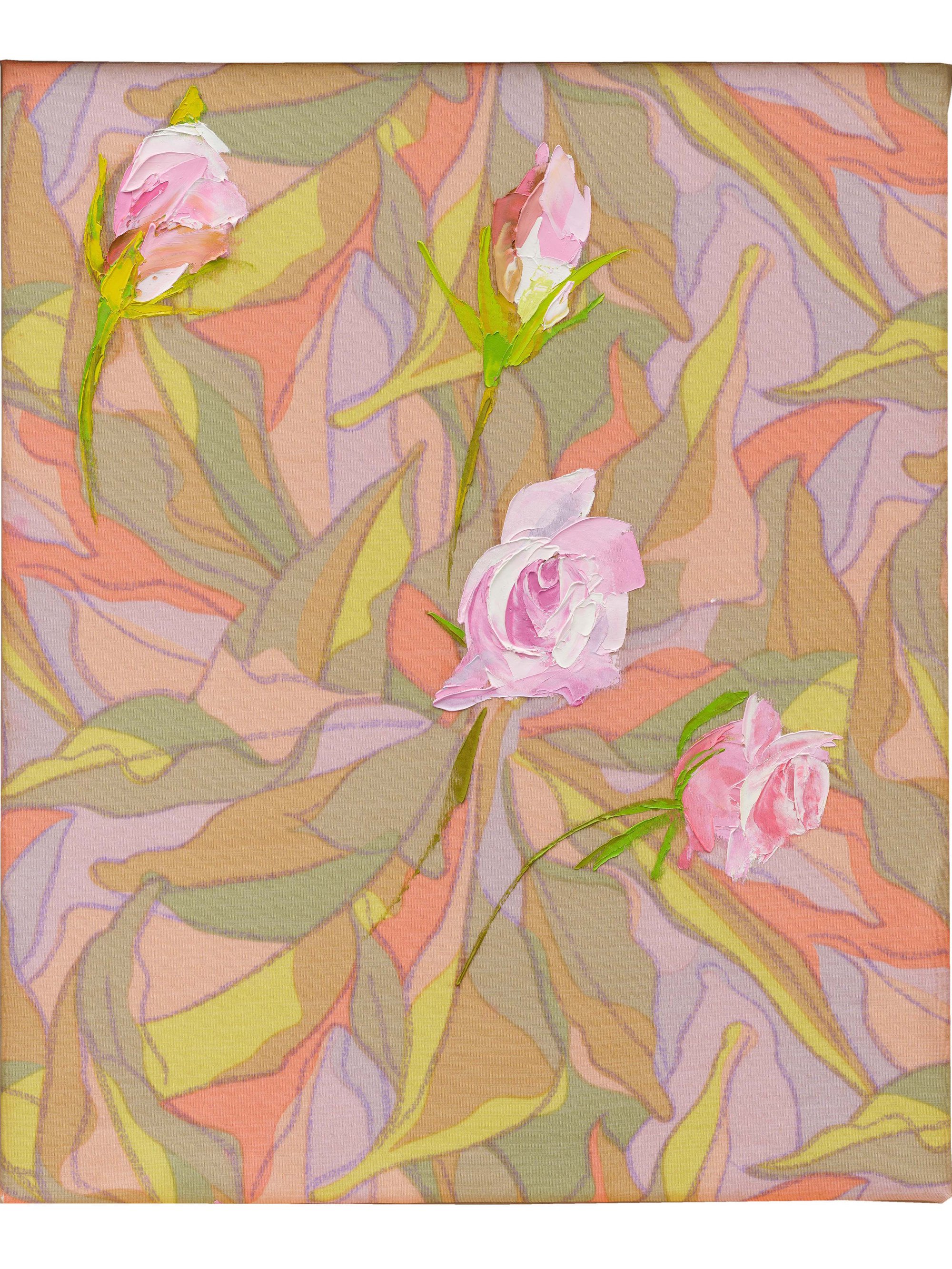 Bernat Klein, “Pink favourite” Roses, oil on screen printed knitted jersey polyester (Diolen), 65 x 57 cm (25 5/8 x 22 1/2 in), 1999