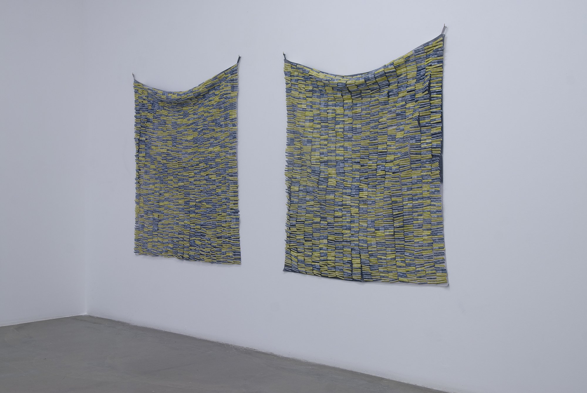 James Richards, The Best of / The Worst of, Diptych, PVC badges on printed nylon, 135 x 122 cm (53 1/8 x 48 in), 2011. Installation view, James Richards, Rodeo, Istanbul, 2011