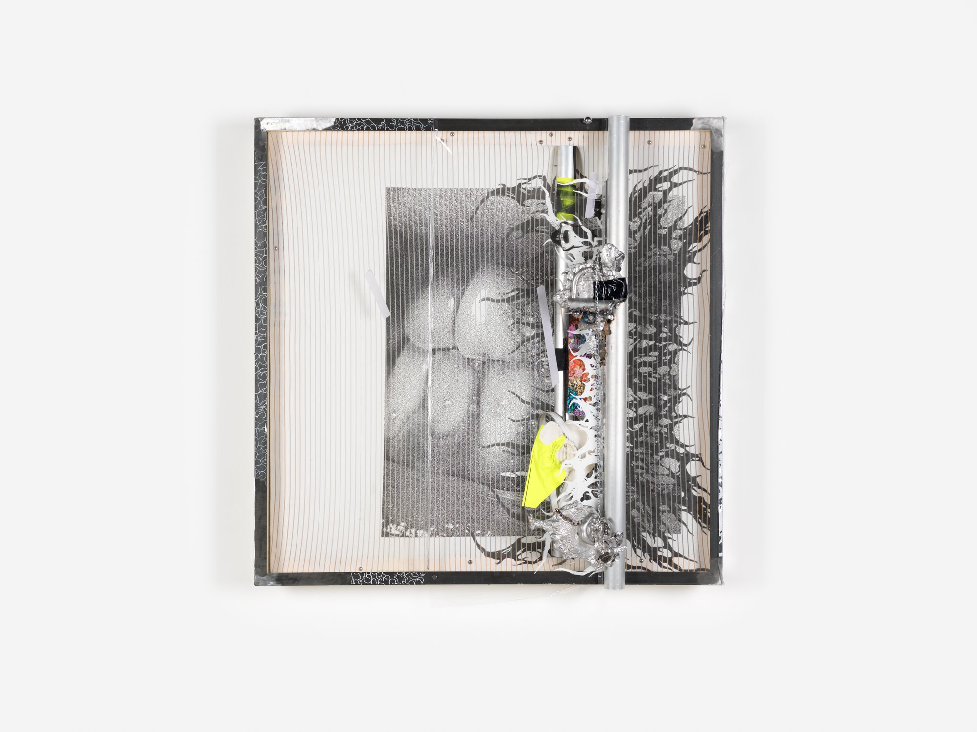 David Douard, EV’R 4, wood, silkscreen print, steel, aluminum, magnets, plastic sheeting, plaster, paper, 110 x 110 x 20 cm, 2021