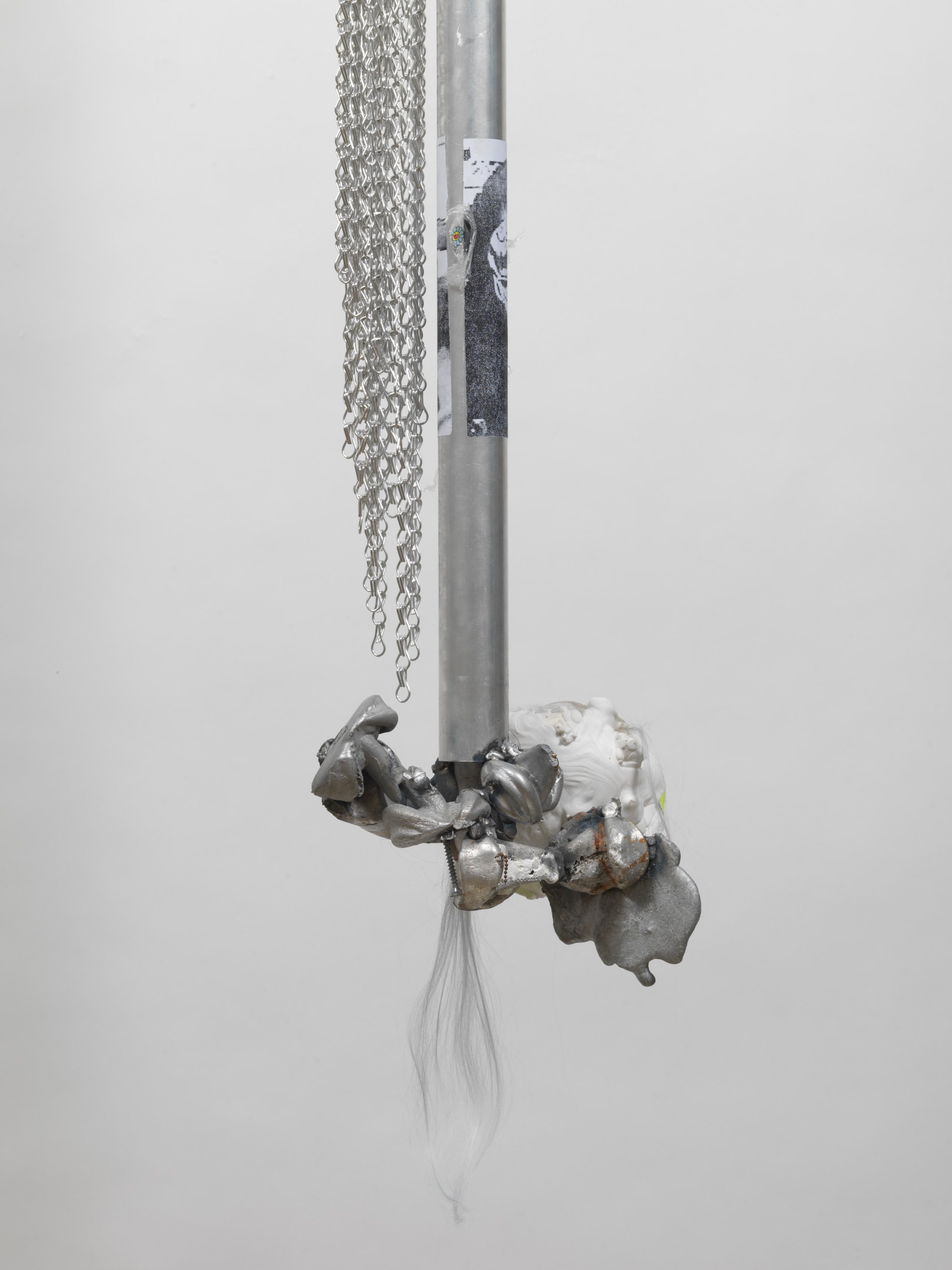 David Douard, for thee Secretion’ 3, detail, aluminum, plastic beads, plaster, paper, synthetic hair, 280 x 30 x 20 cm (110 1/4 x 11 3/4 x 7 7/8 in), 2021