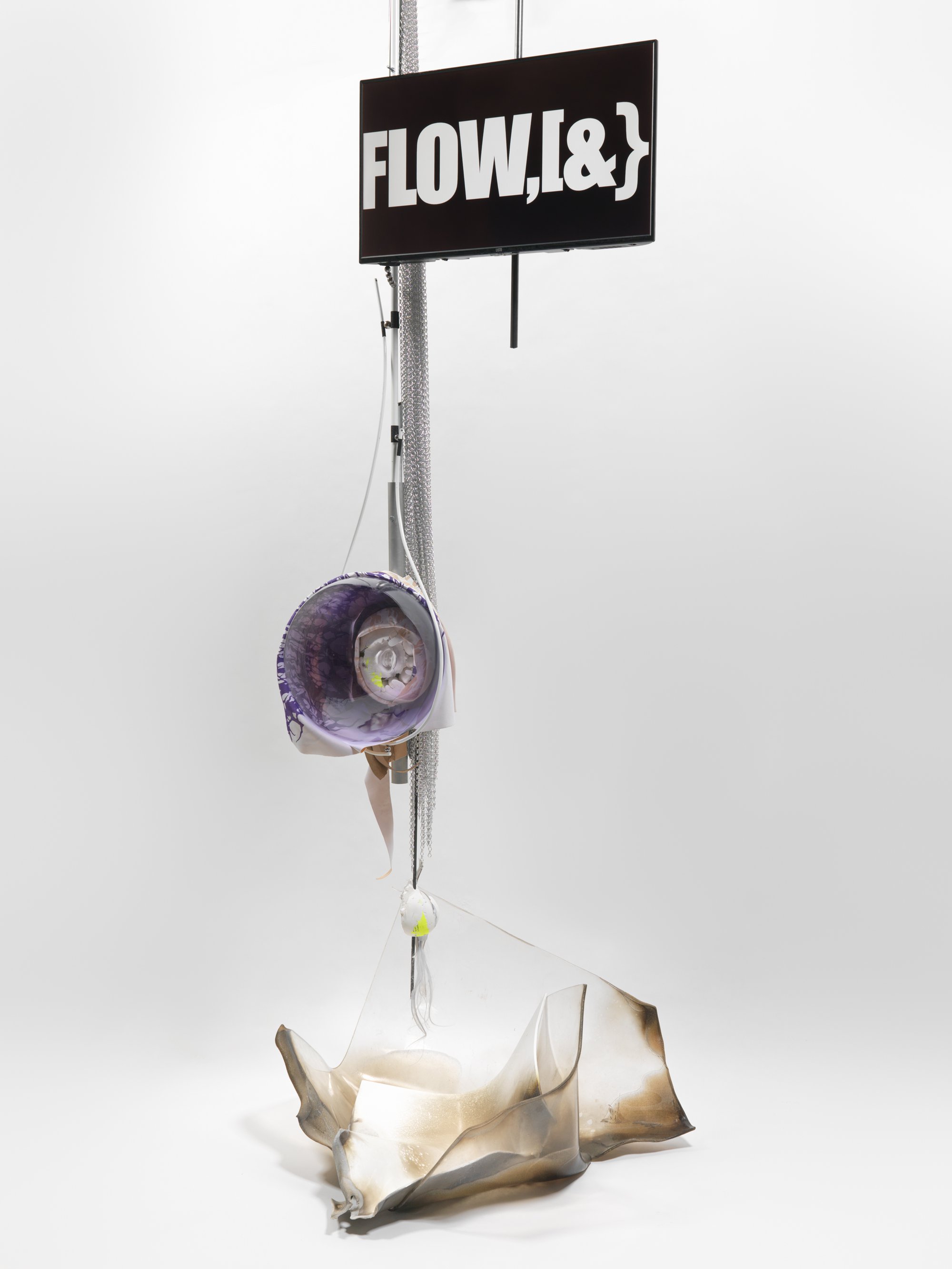 David Douard, 0’Thee LIL (PUMP) 1, blown glass, plaster, metal, aluminium, leather, fabric, paper, plexiglass, water pump, chains, screen, synthetic hair, magnets, industrial paint, 375 x 130 x 100 cm (147 5/8 x 51 1/8 x 39 3/8 in), 2021