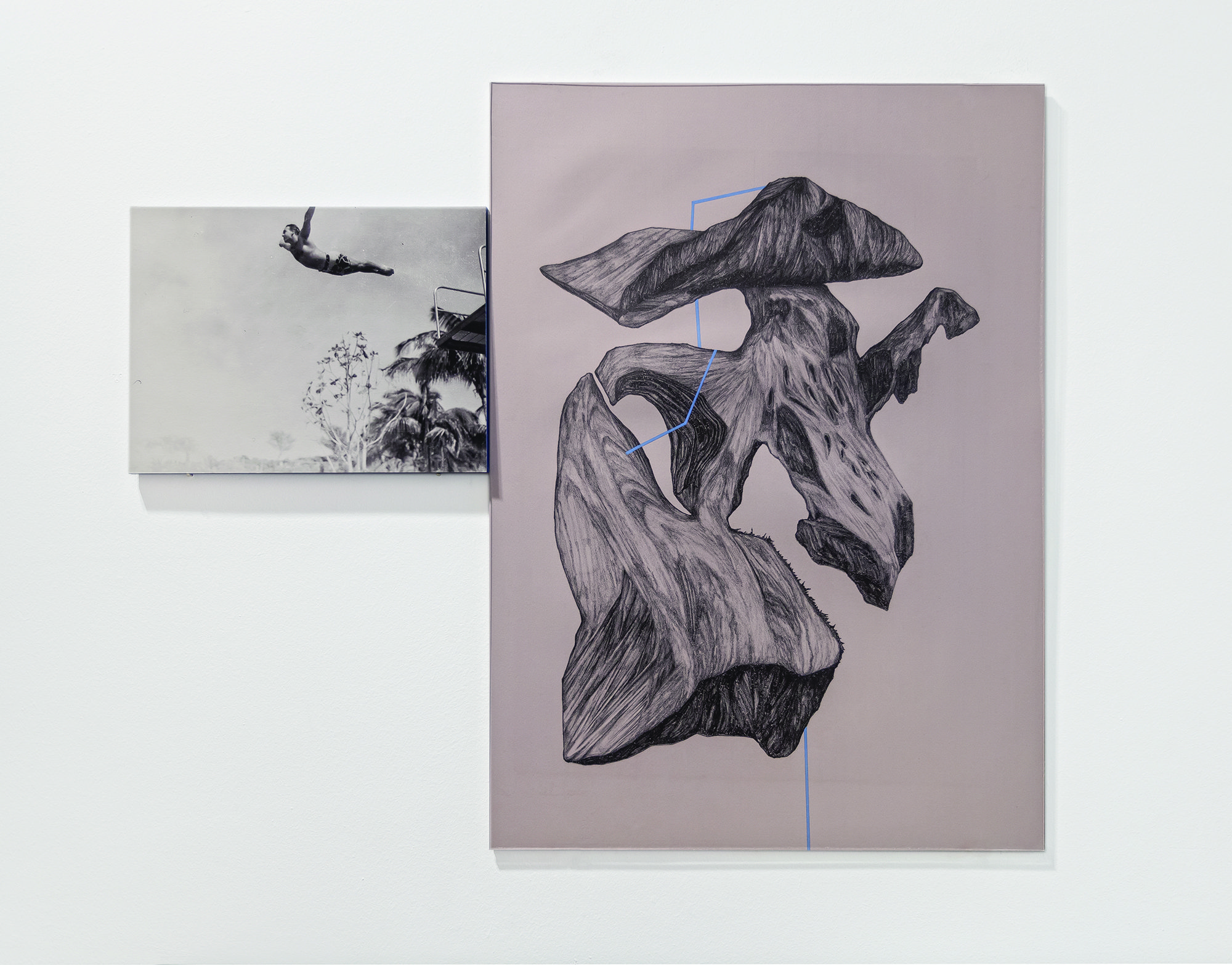 Emre Hüner, Diamond Head, Diving Man, diptych, lithography on silkscreen print, on photograph, on wooden panel, 8.2 x 49.5 cm and 32.8 x 23.7 cm (3 1/4 x 19 1/2 in and 12 7/8 x 9 3/8 in), 2013