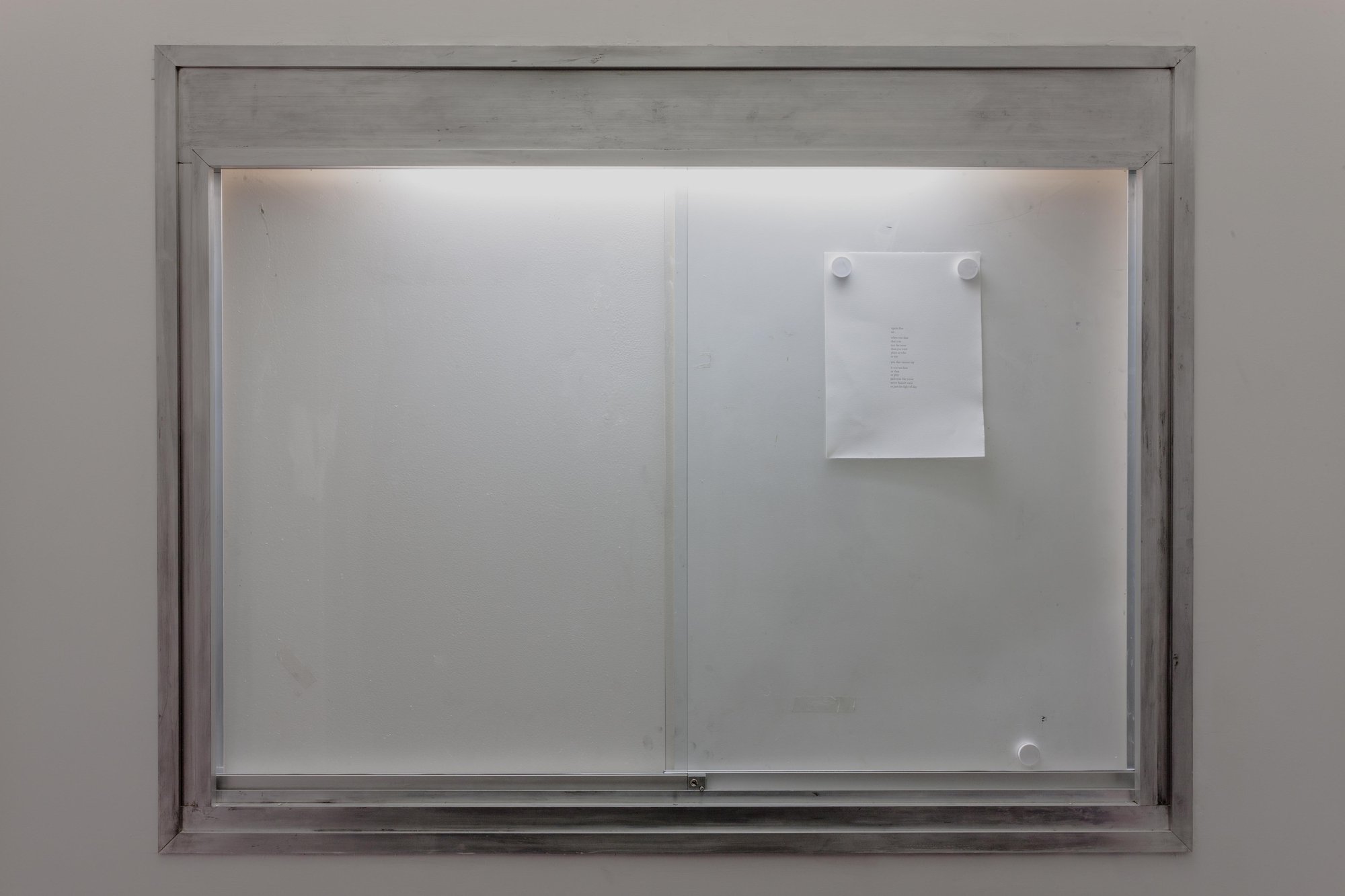 Duncan Campbell, Untitled, found metal vitrine and poem, 123.3 x 158.4 cm, 2015