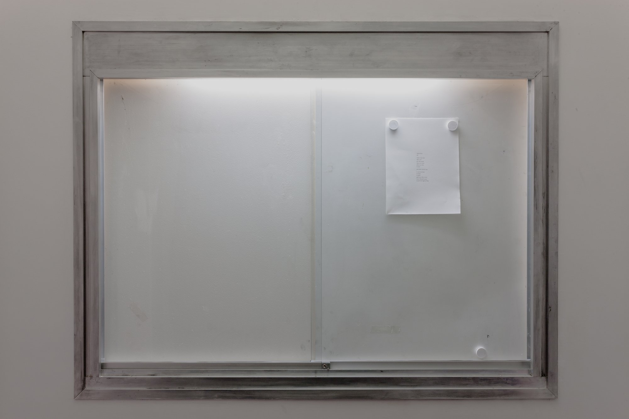 Duncan Campbell, Untitled, found metal vitrine and poem, 123.2 x 158.3 x 12 cm, 2015