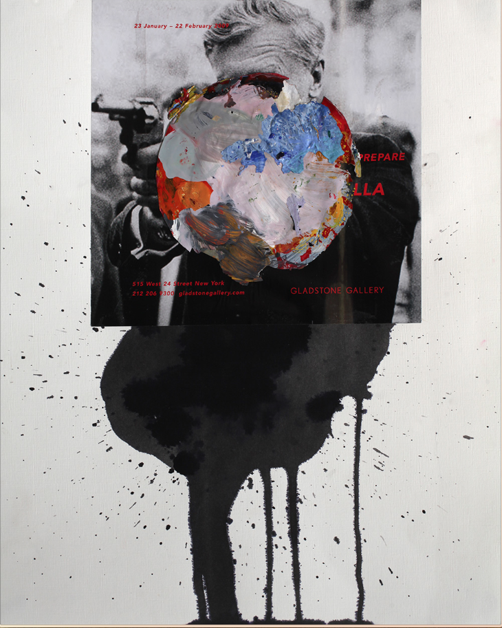 Hesam Rahmanian, Untitled, collage of recycled acrylic paint, magazine page, and ink on paper, 50.5 x 27.3 cm, 2015