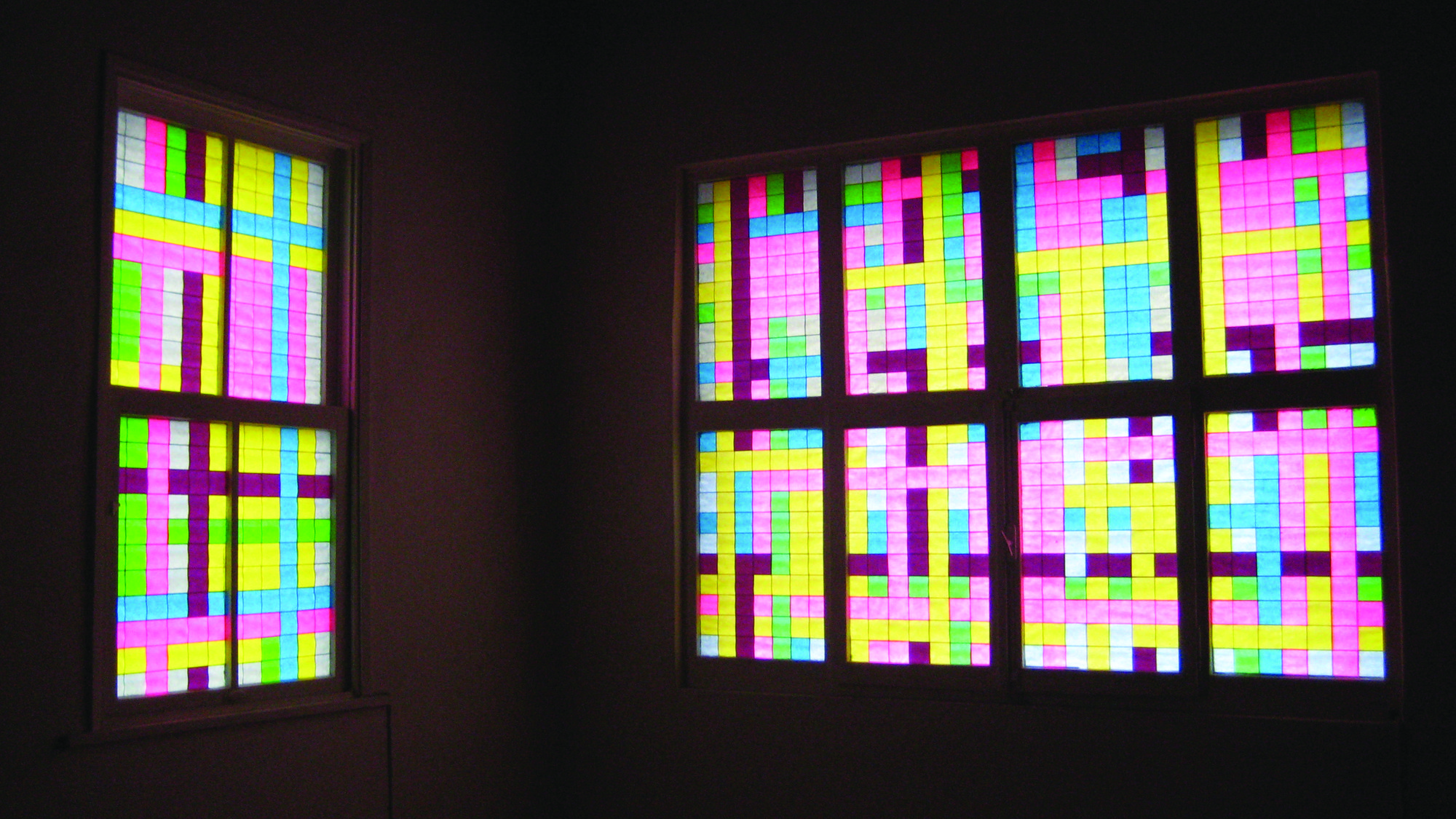 Eftihis Patsourakis, Light Notes, post-it on window. Installation view, This Then That, Rodeo, Istanbul, 2007
