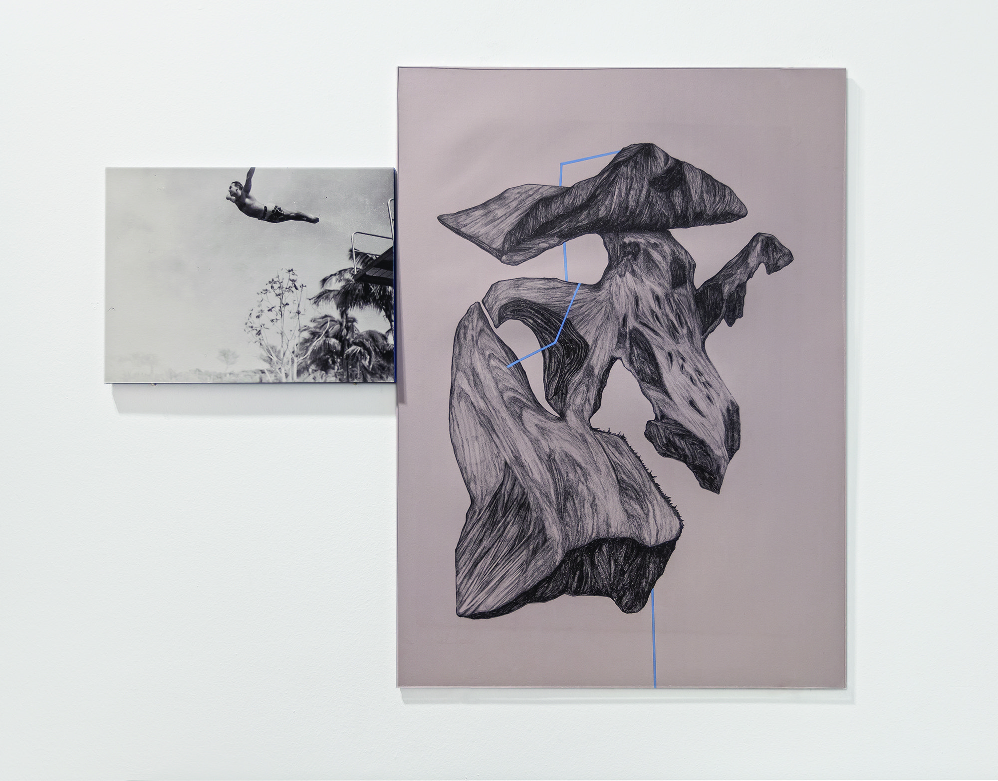 Emre Hüner, Diamond Head, Diving Man, diptych: lithography on silkscreen print on photograph on wooden panel, 68.2 x 49.5 cm &amp; 32.8 x 23.7cm, 2013