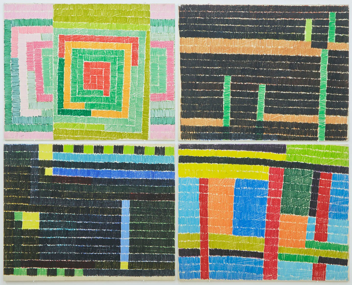 Lukas Duwenhögger, (L-R) Aztec; Gardens by Night; Oil Pits by Night; The Railway Bridge, oil pastels on paper mounted on wood, 89 x 112 cm each, 1977