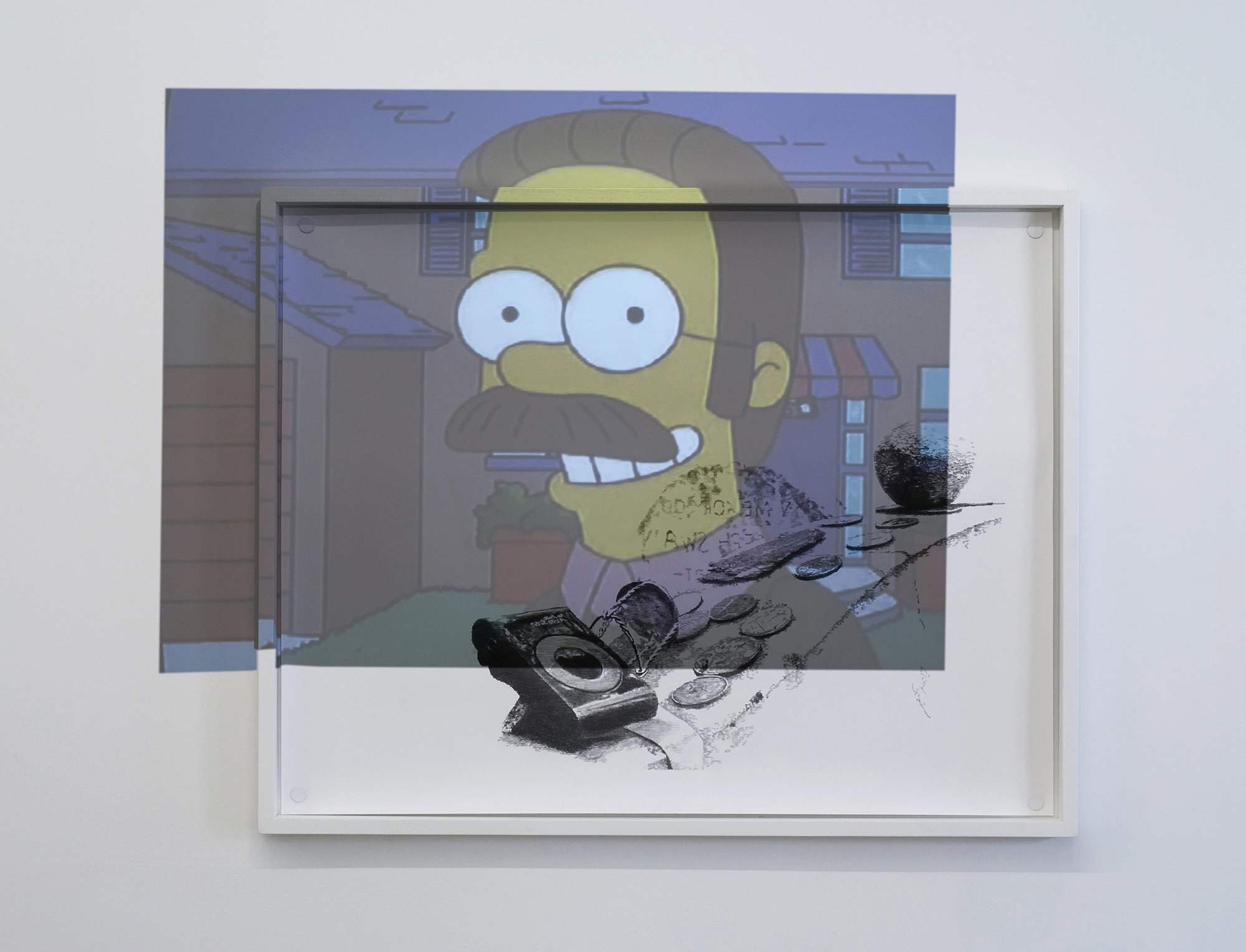 Mark Aerial Waller, Offering Transmissions #3, graphite on paper, projection of recent episode of The Simpsons, 100 x 78 cm, 2011-2012. Installation view, Offering Transmissions, Rodeo, Istanbul, 2012