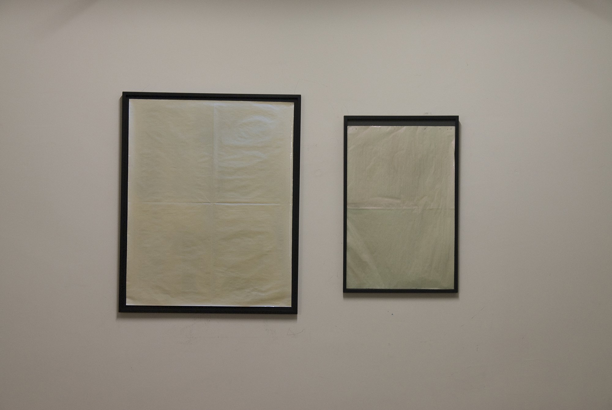 (Left) Eva Weinmayr, The Guardian, car lacquer on newspaper page, 80 x 64.5 cm, 2006. (Right) Eva Weinmayr, The Daily Star, car lacquer on newspaper page, 64.5 x 42 cm, 2006. Installation view, I Like The Truth, I Never Liked Fiction (and vice versa), Rodeo, Istanbul, 2009