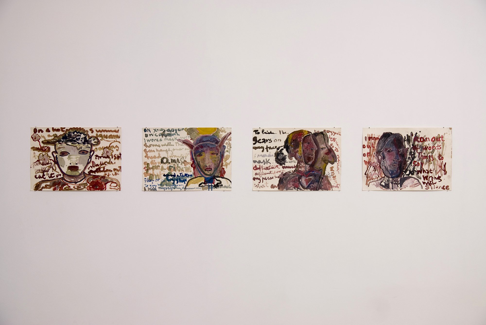 Anna Boghiguian, I sowed gardens in my soul, I drew gardens on my body, I had my nightmares engraved on my face, I cried and I laughed, I became part of humanity, wax and watercolors on paper, 42 x 29.5cm, 2009. Installation view, Hand in Hand, Rodeo, Istanbul, 2009 – 2010