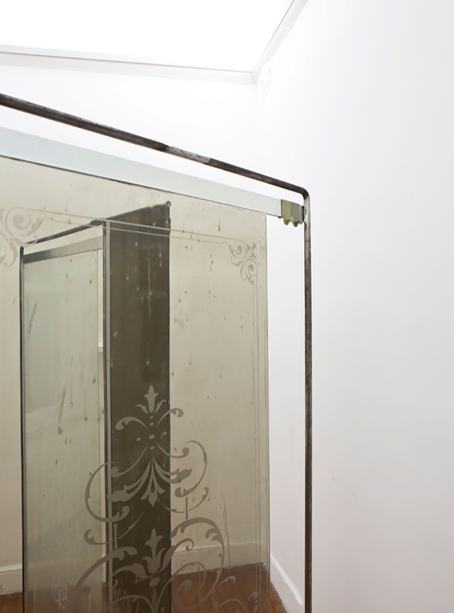 Eloise Hawser, Untitled, shower doors, steel frame, 2013. Installation view, Burn These Eyes Captain, And Throw Them In The Sea!!, Rodeo, Istanbul, 2013 – 2014