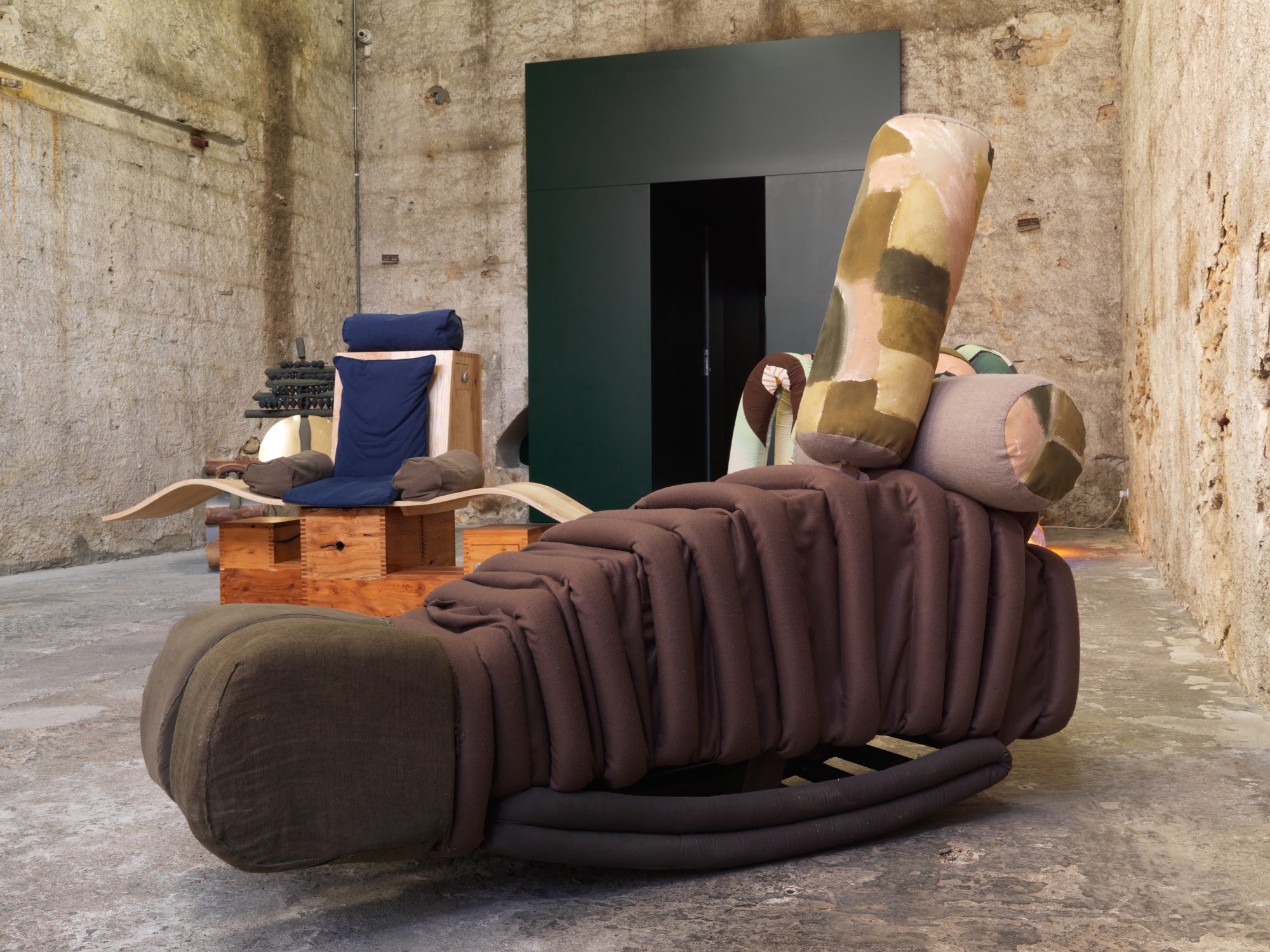 Tamara Henderson, Eye, wood, Iyengar back bender, yoga blocks, bolsters, textiles, cushion, 140 x 65 x 160 cm, 2018