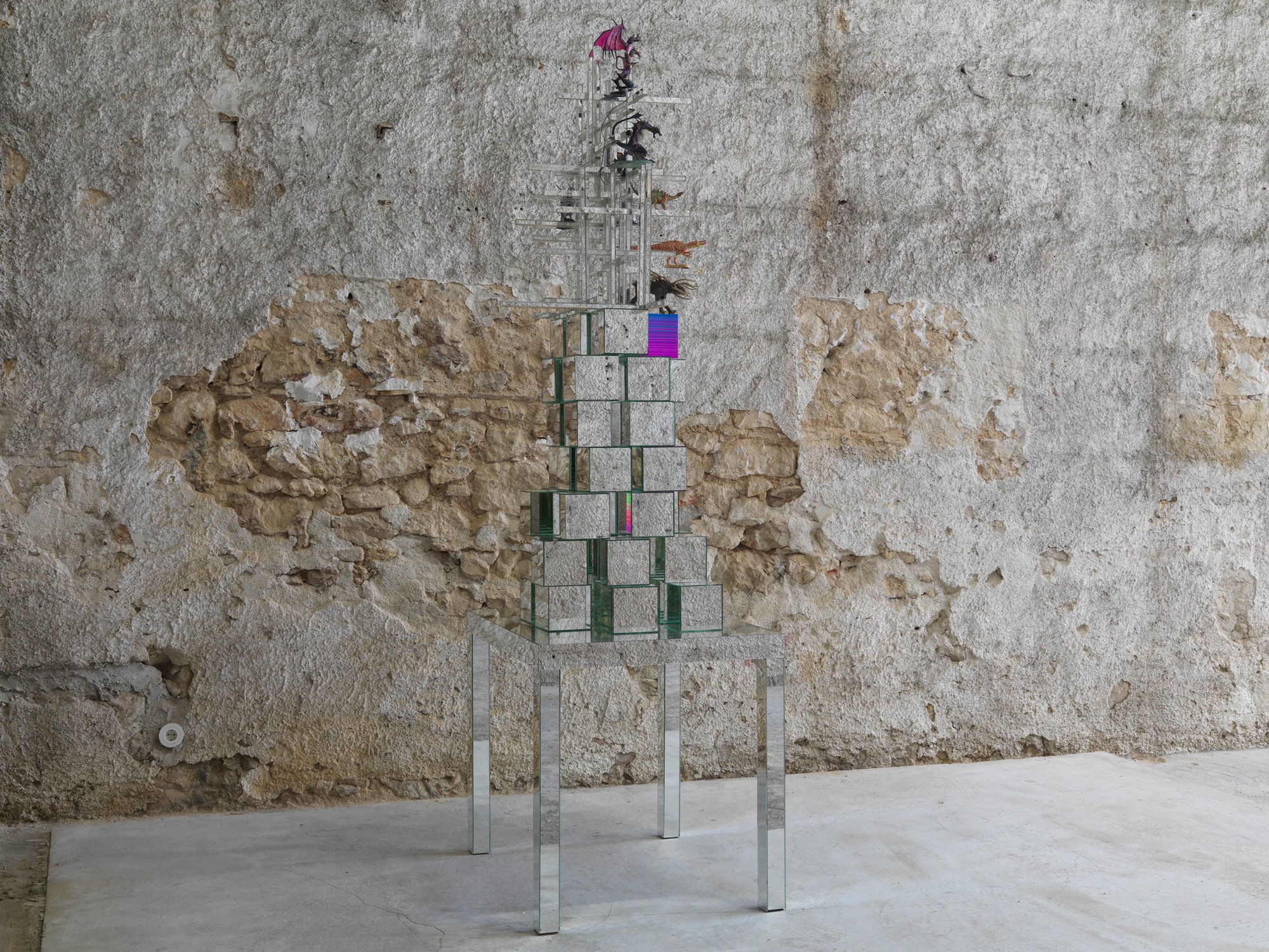 Thanasis Totsikas, Glass Tower, mirrors, air brush car paint on aluminum, plastic zombie toys, steel and mirror table, dimensions variable, 2008. Installation view, Miracles, Rodeo, Piraeus, 2022