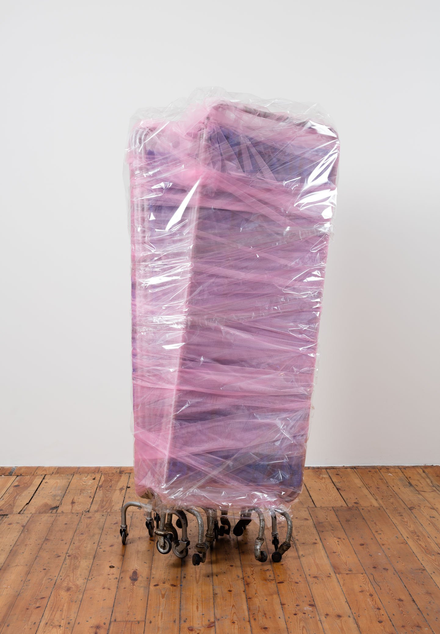 Ian Law, There was a body, I was there, was a body, medical privacy screens with soft toy fur fabric, curtain netting and organza, gift wrapped, 172 x 86 x 47 cm, 2016