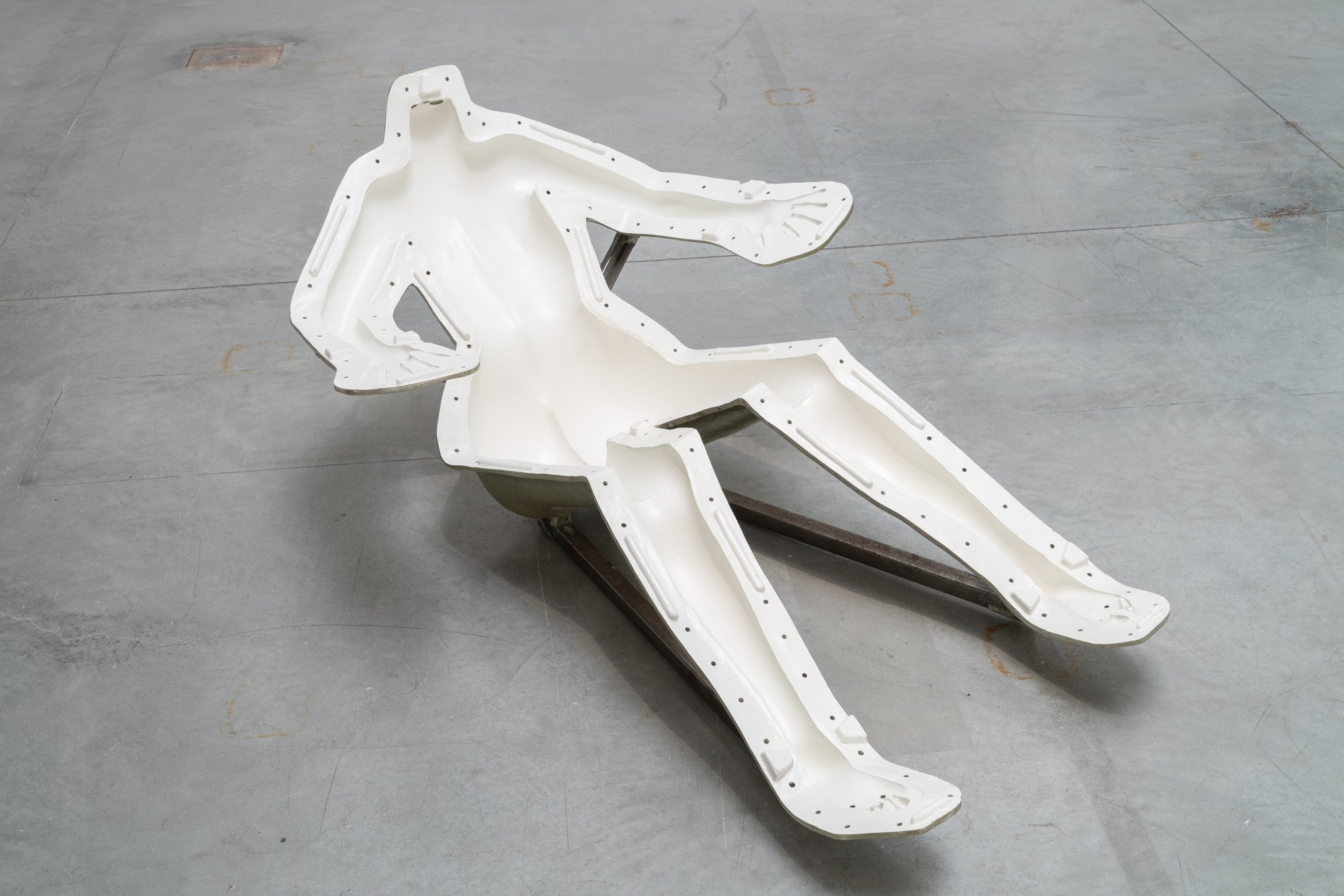 Sidsel Meineche Hansen, Daddy Mould, industrial cast in two parts made from fibreglass, resin and vaseline, 149 × 37 × 92 cm and 149 × 48 × 89 cm, 2018. Installation view, The Milk of Dreams, 59th International Art Exhibition – La Biennale di Venezia, Venice, 2022.