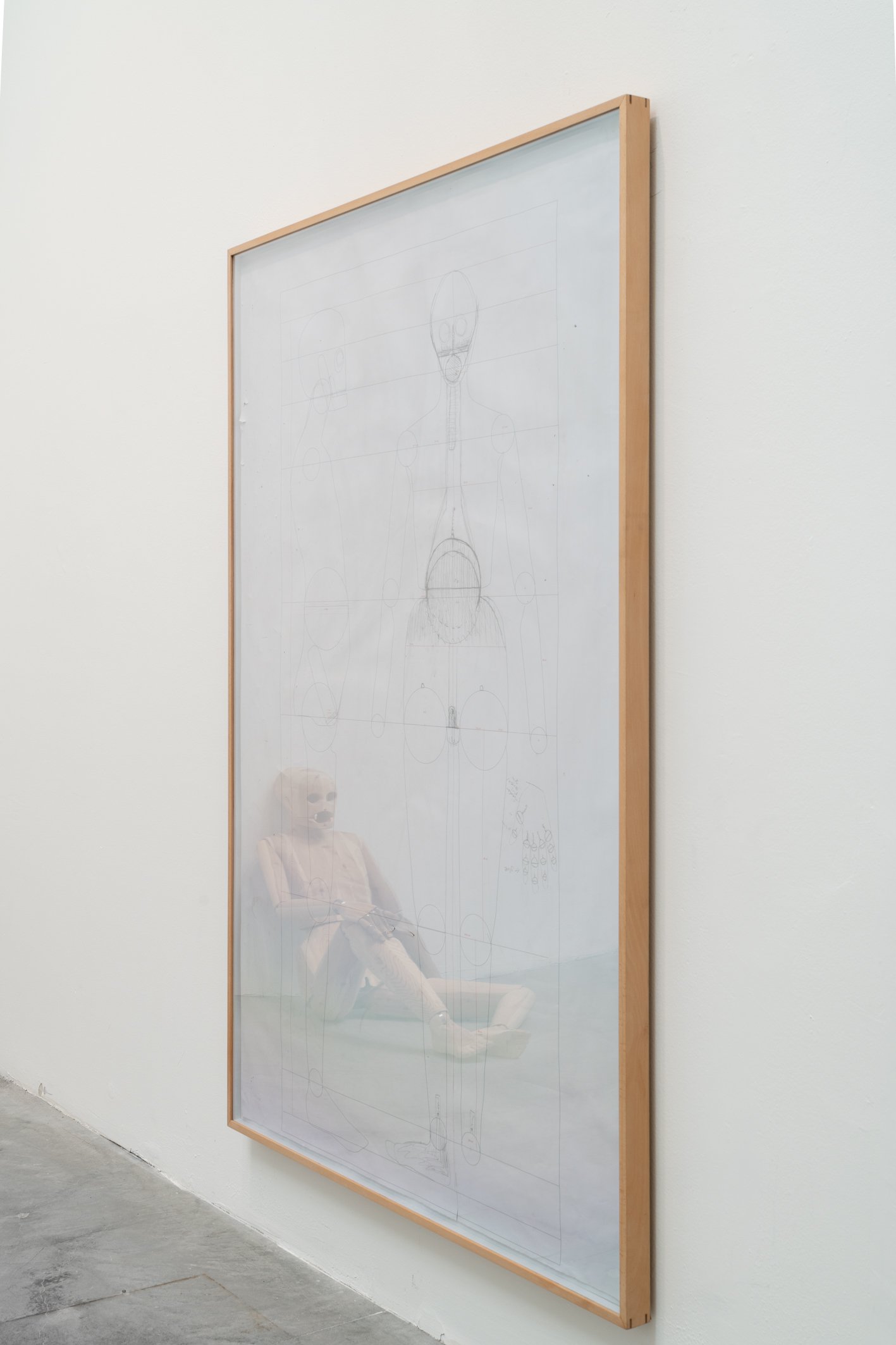 Sidsel Meineche Hansen, Untitled (blueprint for sex robot), technical drawing printed on paper, pen and pencil, custom made beech box frame, acid free / reversible mounting, 207 × 144 cm, 2018. Installation view, The Milk of Dreams, 59th International Art Exhibition – La Biennale di Venezia, Venice, 2022.