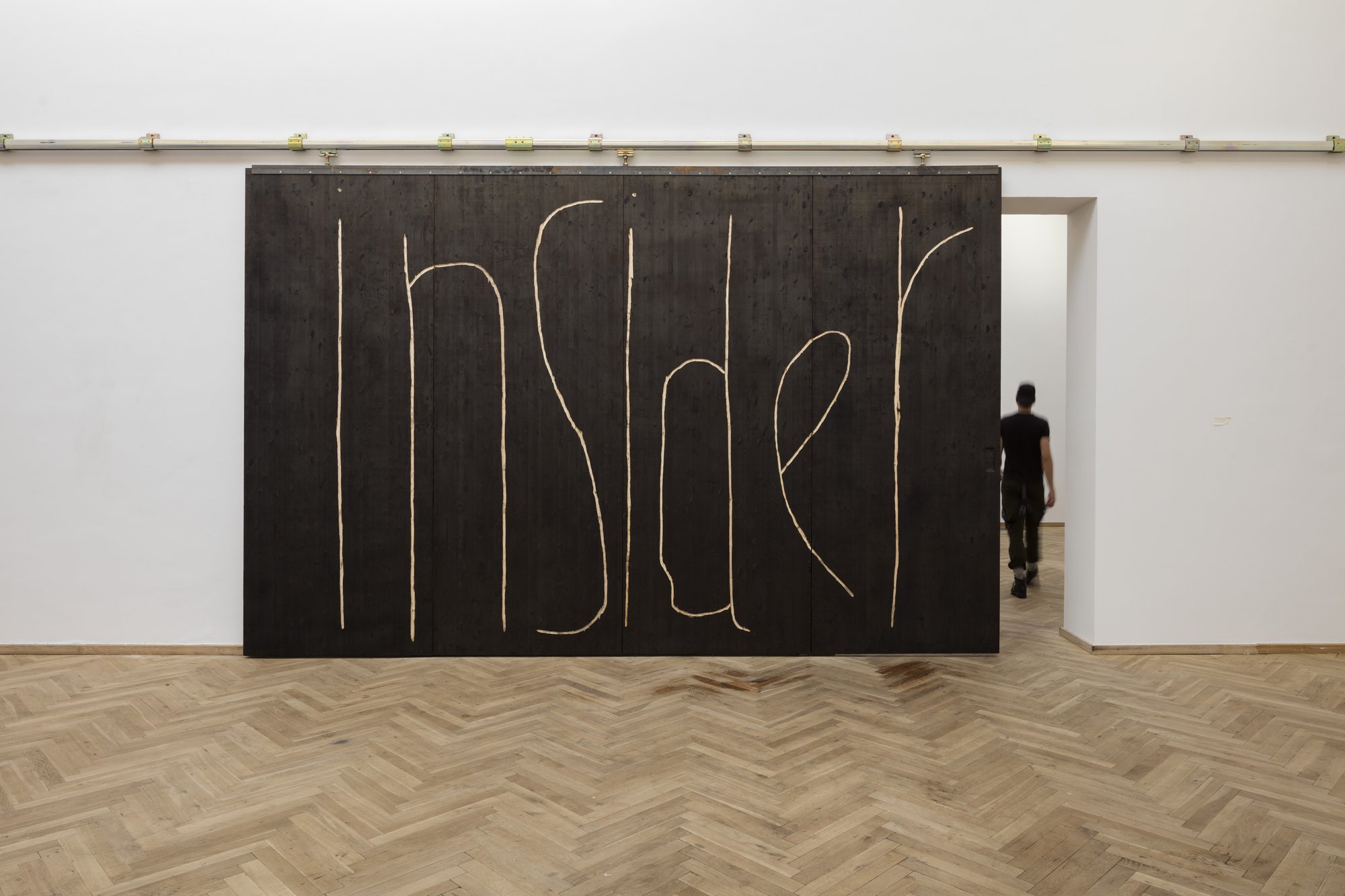 Sidsel Meineche Hansen, INSIDER, burnished wood, 324 x 505 cm, 2017. Installation view, Ovartaci &amp; the Art of Madness, Kunsthal Charlottenborg, Copenhagen, 2017