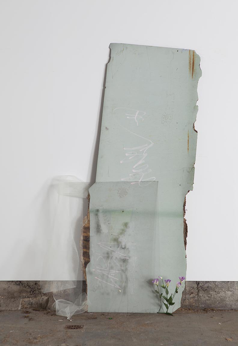 Ian Law, There Was A Body, I Was There, Was A Body, weathered laminated chipboard, plexiglass, wax, artificial flowers, florist’s gauze, 110 x 220 cm, 2014