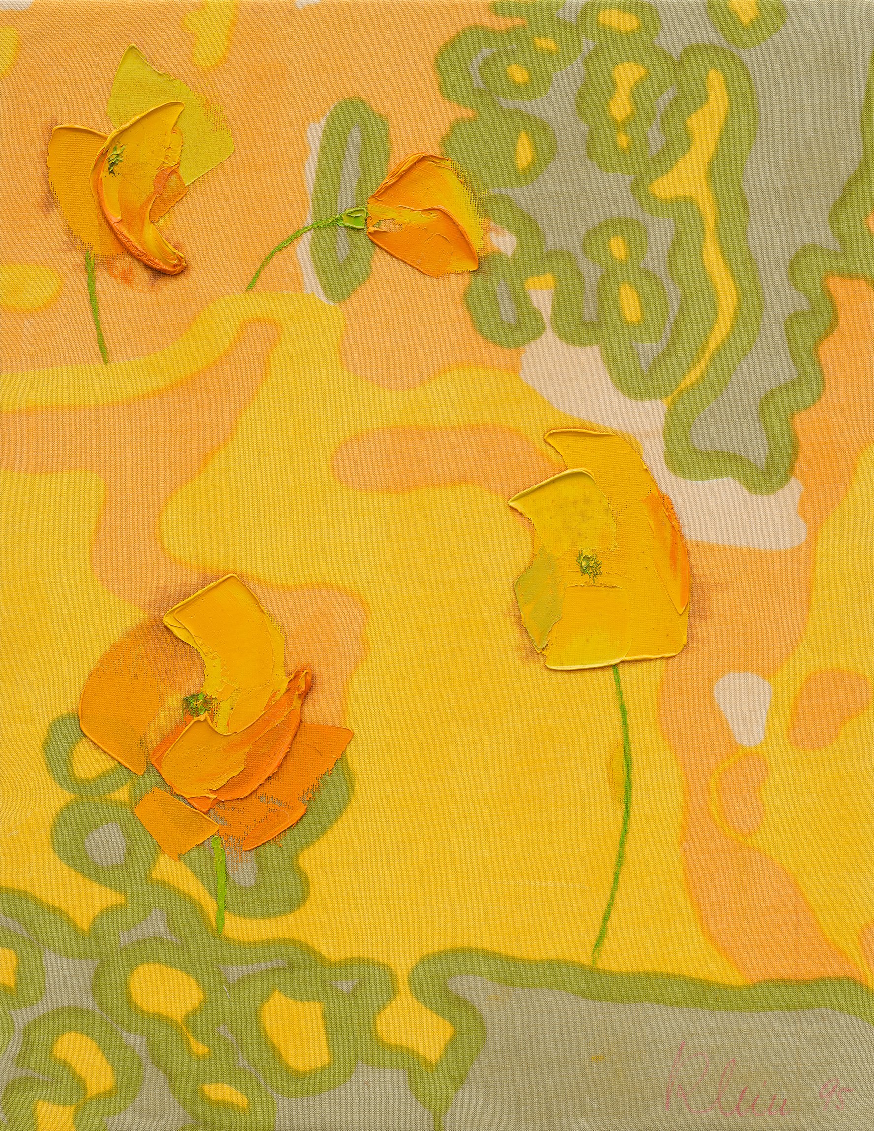 Bernat Klein, Yellow Poppies, oil on screen printed knitted jersey polyester (Diolen), 47 x 36 cm, 1995